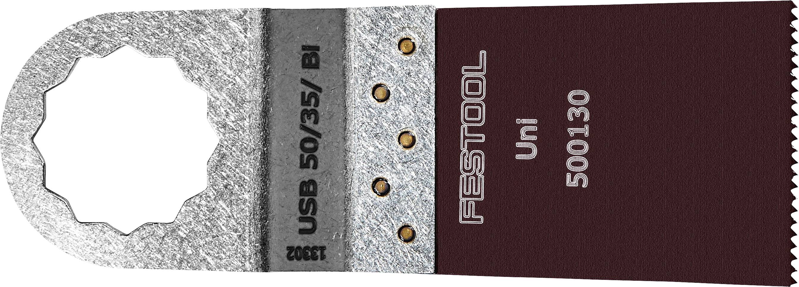 Ein Metallsägeblatt für Oszillationssägen mit kreisförmiger Öffnung und gezahntem Rand, gekennzeichnet mit „Festool Uni 500130 USB 50/35/BI