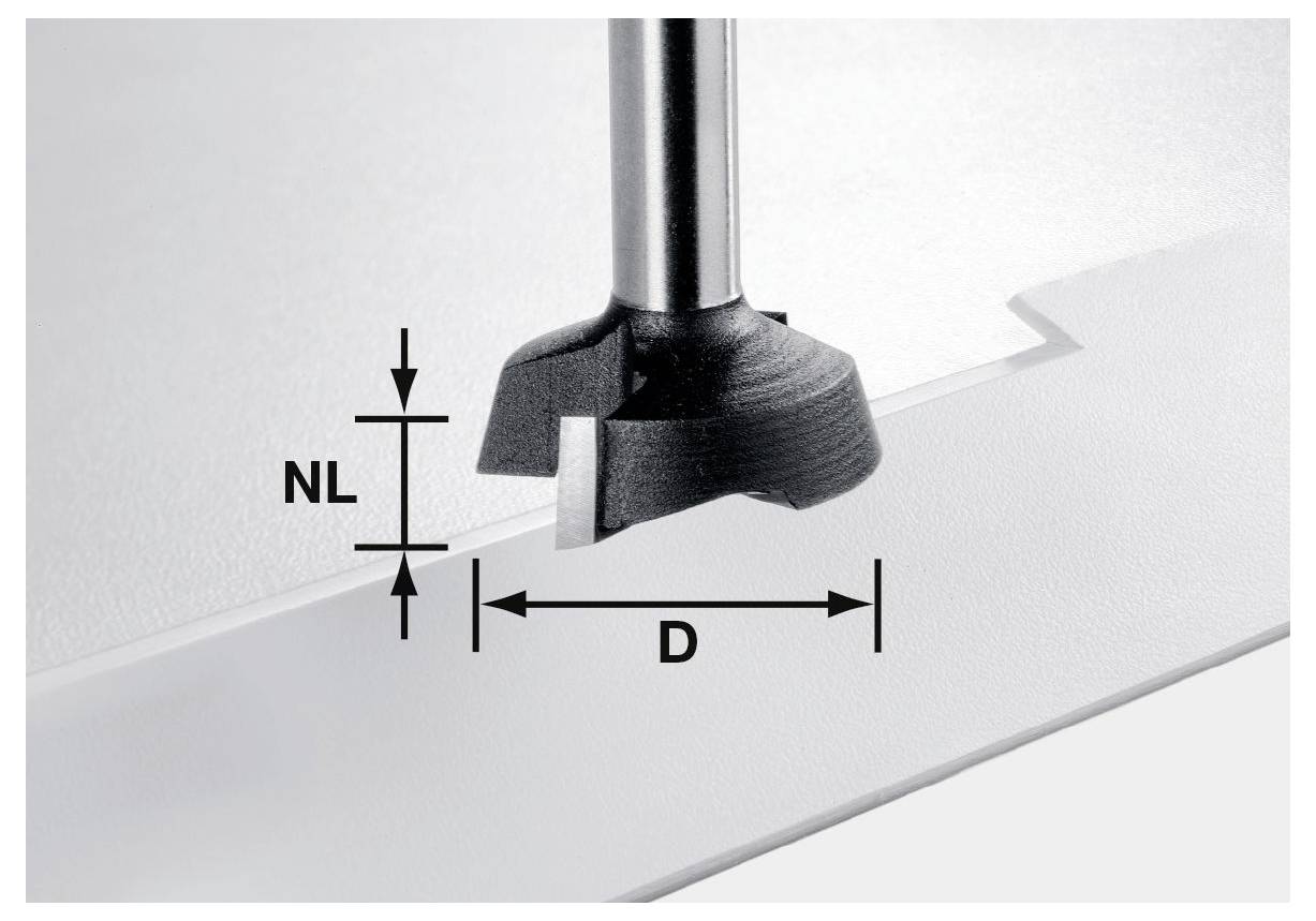 Ein Metallbohrer auf einer flachen Oberfläche positioniert, mit Pfeilen, die die Tiefenmessung (NL) und Durchmessermessung (D) anzeigen.