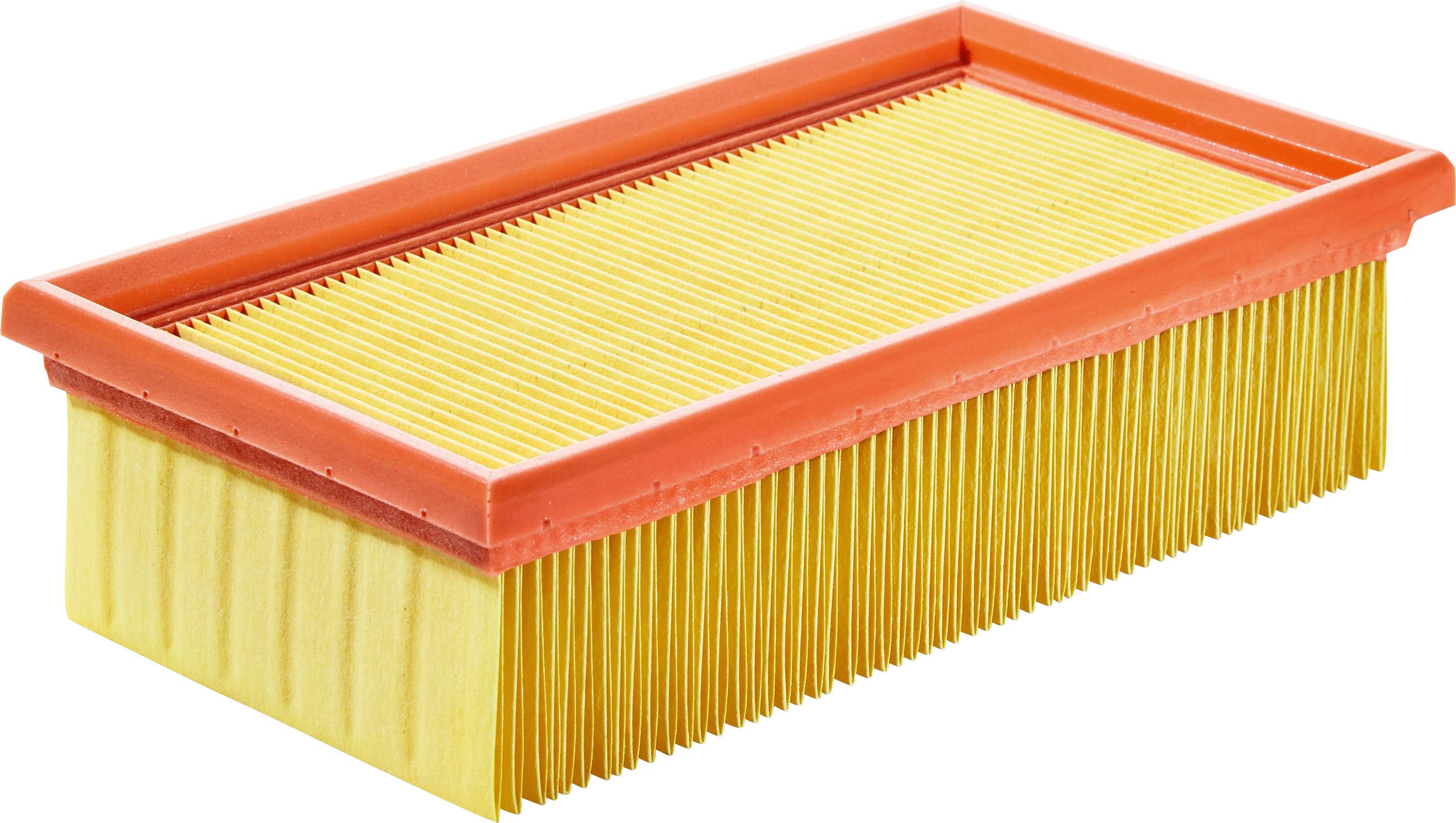 Ein rechteckiger Luftfilter mit orangefarbenen Kanten und gelbem Plissee-Material.