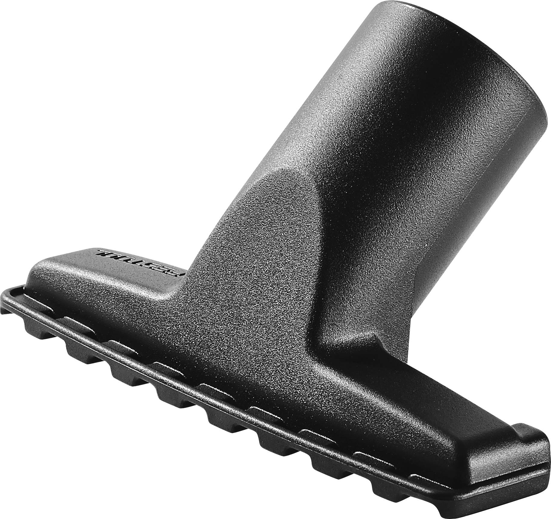 Ein schwarzes Staubsaugeradapter mit einer bürstenartigen Kante, der zum Reinigen von Ritzen oder zum Entfernen von Tierhaaren von Möbeln und Polstermöbeln entwickelt wurde.