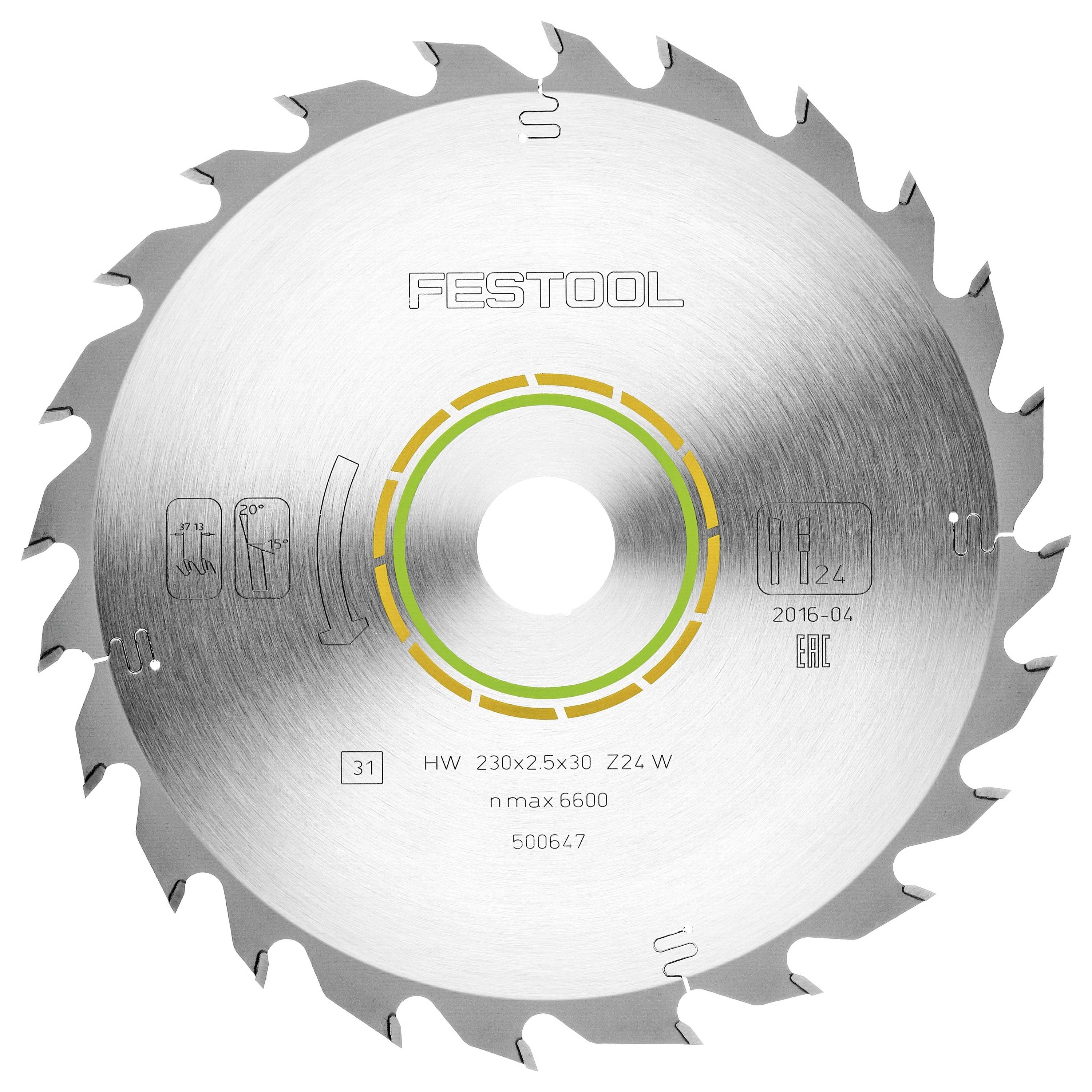 Ein Kreissägeblatt mit scharfen Zähnen, mit der Marke „Festool