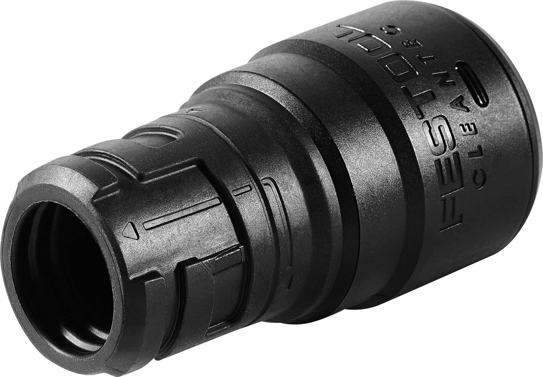 Ein Festool-Staubsaugerschlauch-Adapter, schwarz, zylindrisch mit gerillter Oberfläche und mit 