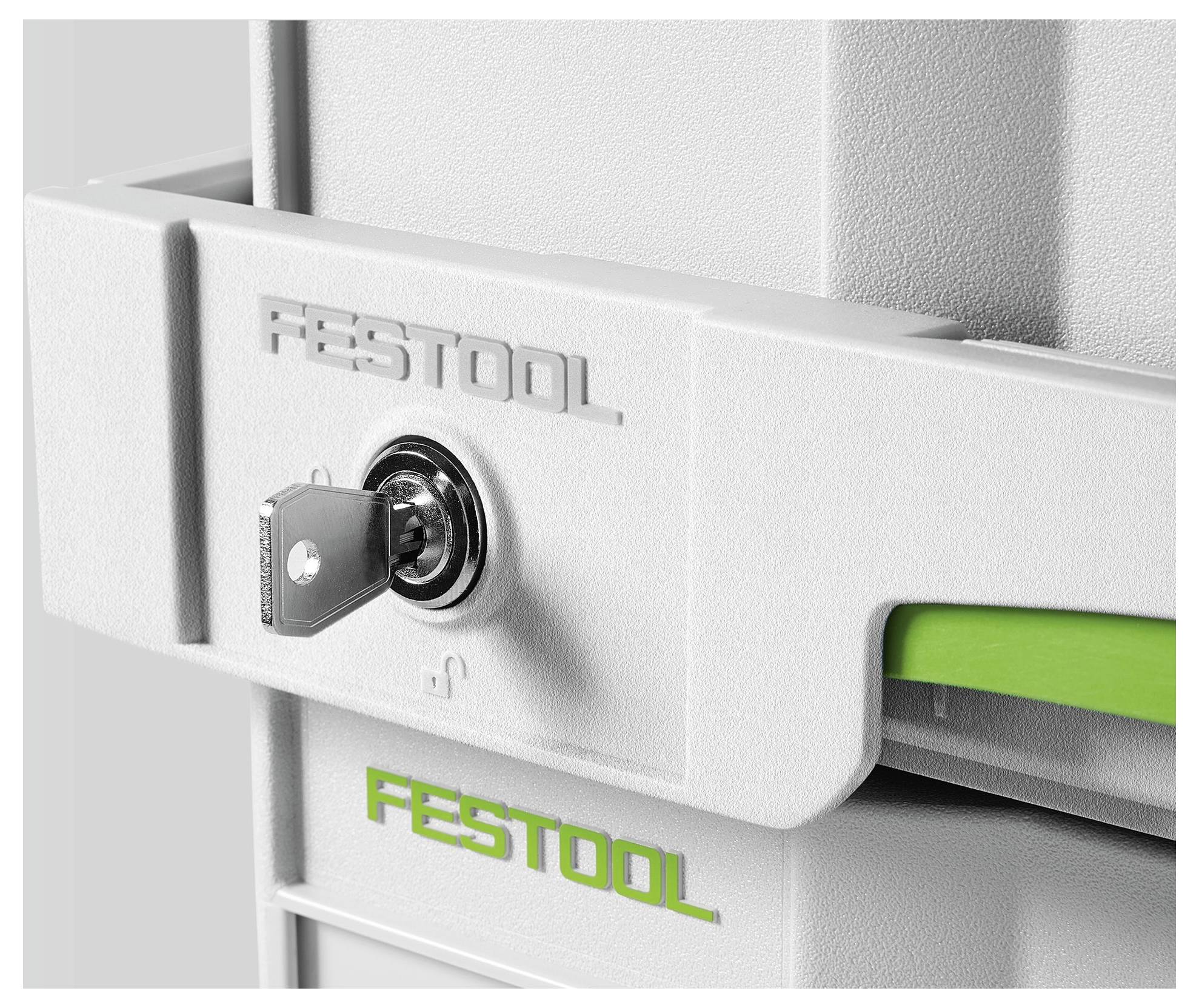 Festool-Lagerkiste mit Schloss und Schlüssel, die Sicherheit und Schutz hervorhebt.