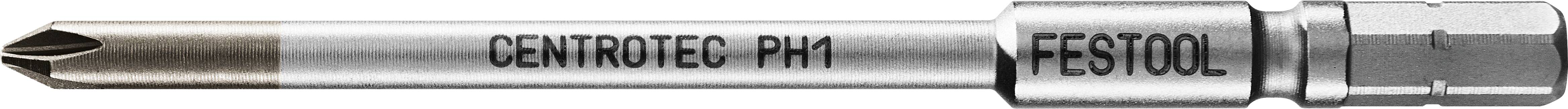 Eine Nahaufnahme eines CENTROTEC PH1 Festool-Schrauberbits zeigt seinen metallischen Körper und Markierungen der Marke.