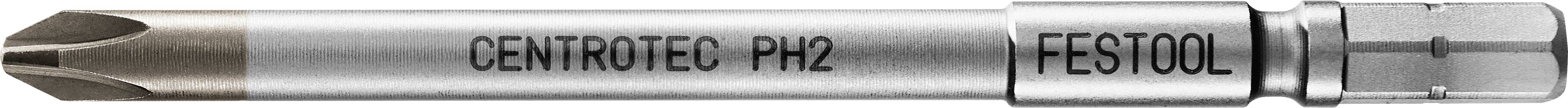 Silberner Festool CENTROTEC PH2 Schraubendreherbit mit Philipps-Kopf und sechskantigem Schaft.