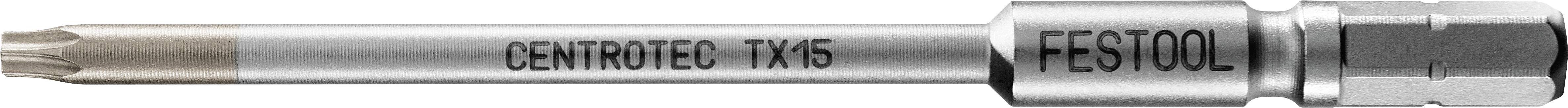 A close-up image of a Festool CENTROTEC TX 15 screwdriver bit, showing the hexagonal drive end and engraved bit size.