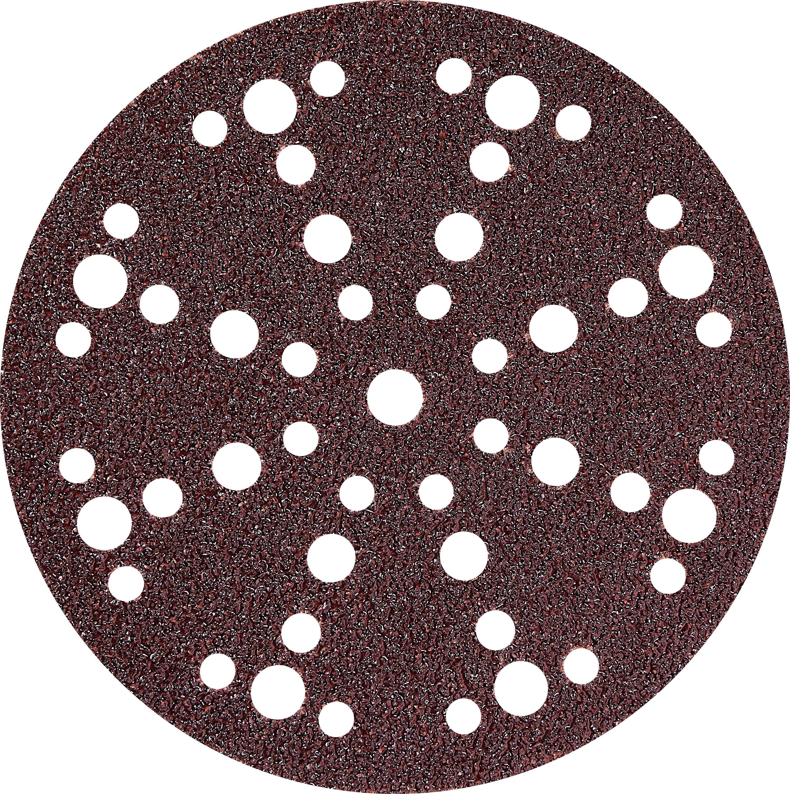 Eine runde Schleifscheibe mit mehreren Löchern zur Staubabsaugung, die zum Glätten von Oberflächen in der Holz- oder Metallbearbeitung verwendet wird.