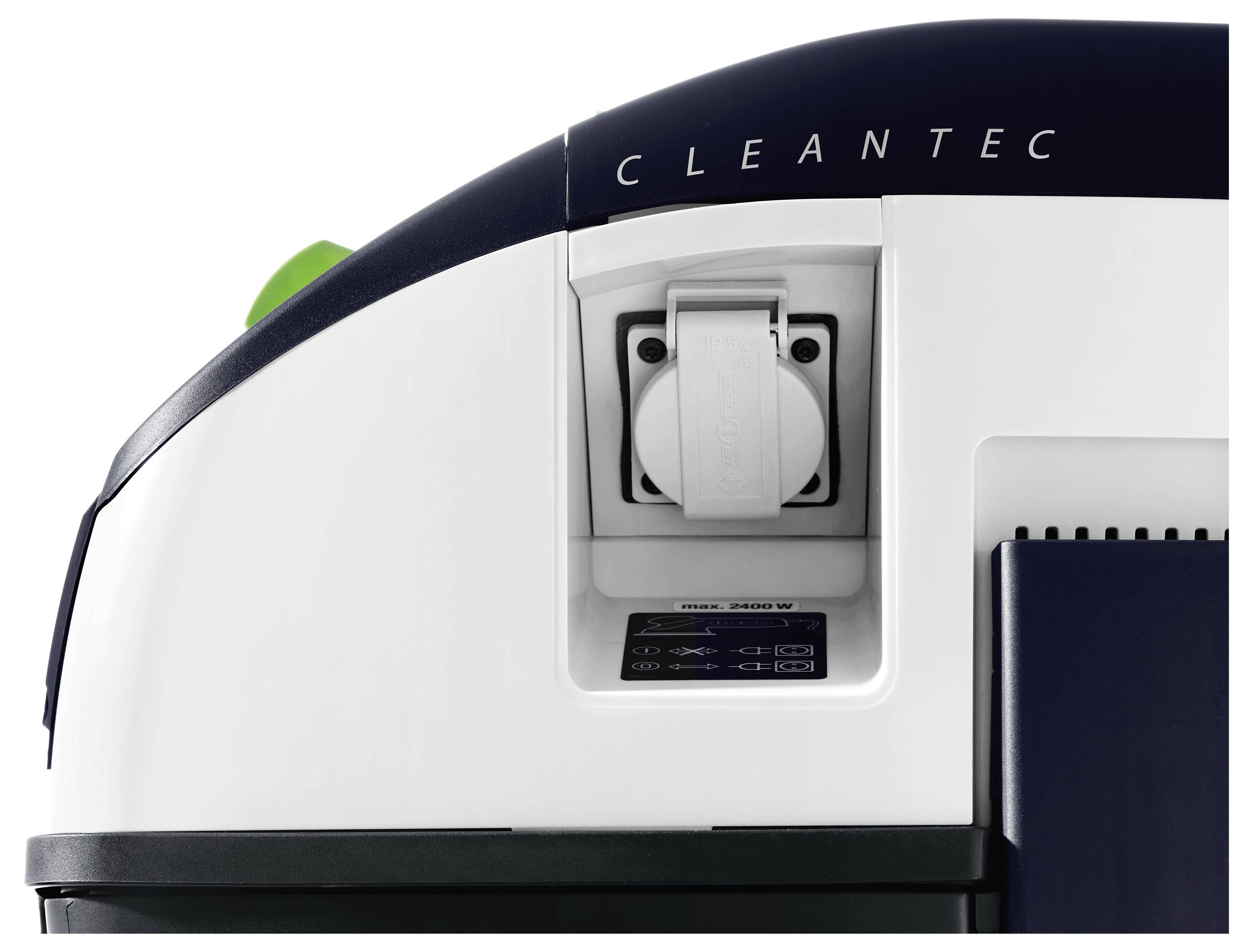 Ein Festool OF 2200 EB Fräser auf einer weißen Oberfläche positioniert, der sein detailliertes Design und mechanische Teile zeigt, verwendet für präzises Holzbearbeiten.