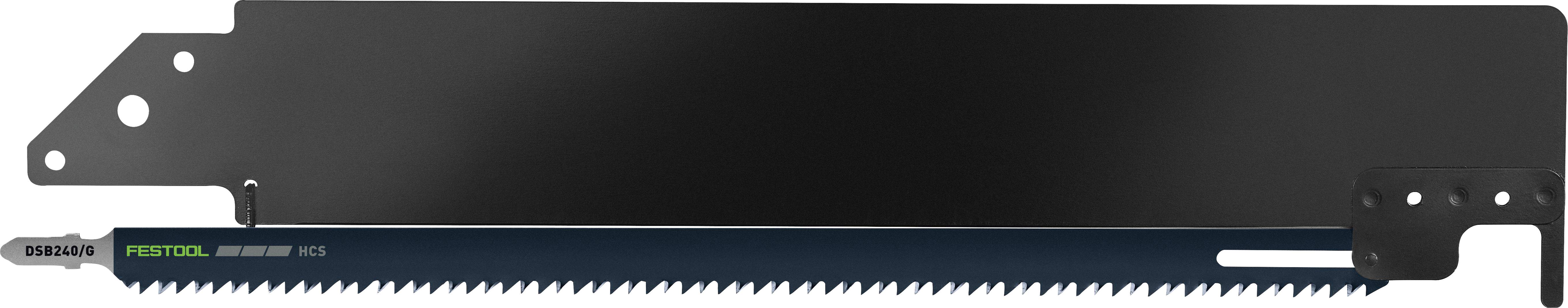 Ein schwarzes Metall-Sägeblatt für Elektrosägen mit gezahntem Rand, das „Festool