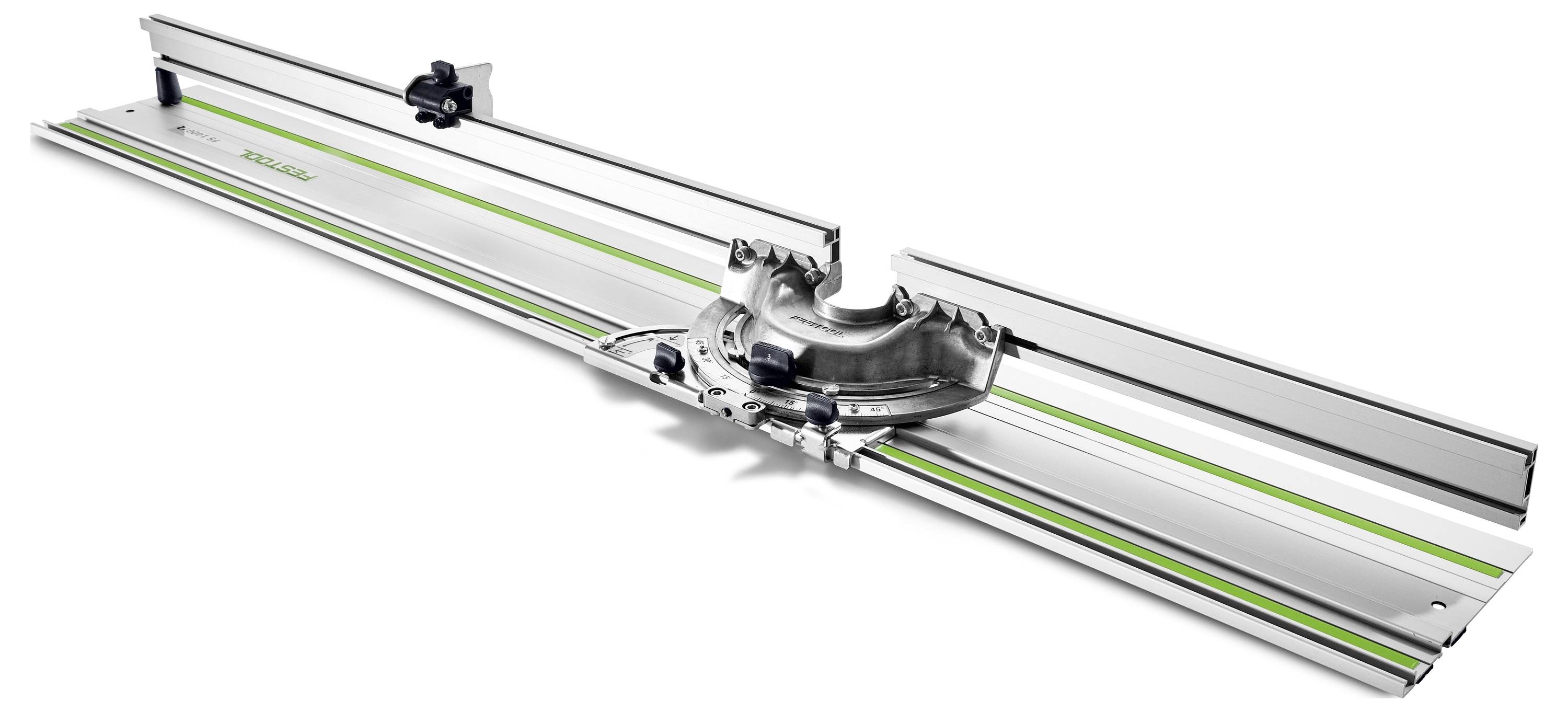 Ein Elektrobohrer ist am Rand einer Holzoberfläche positioniert, mit einer Führungsvorrichtung befestigt zum Bohren präziser Löcher.