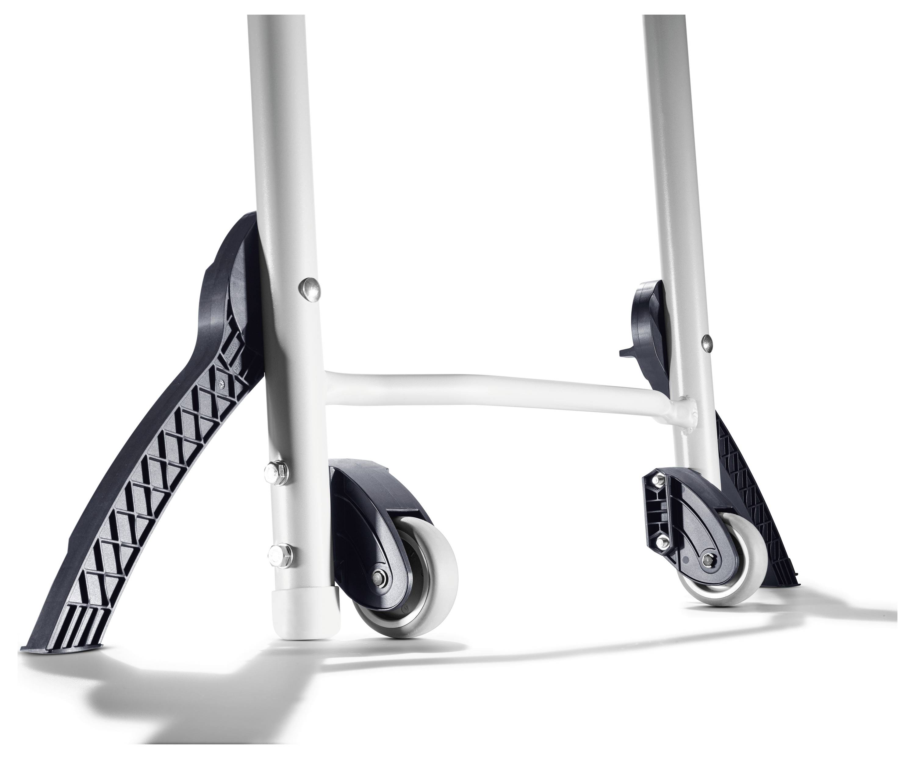 Walker mit Rädern und Gummipolstern, die Mobilität und Stabilität für Benutzer bieten. Verfügt über schwarze rutschfeste Griffe an der Basis.