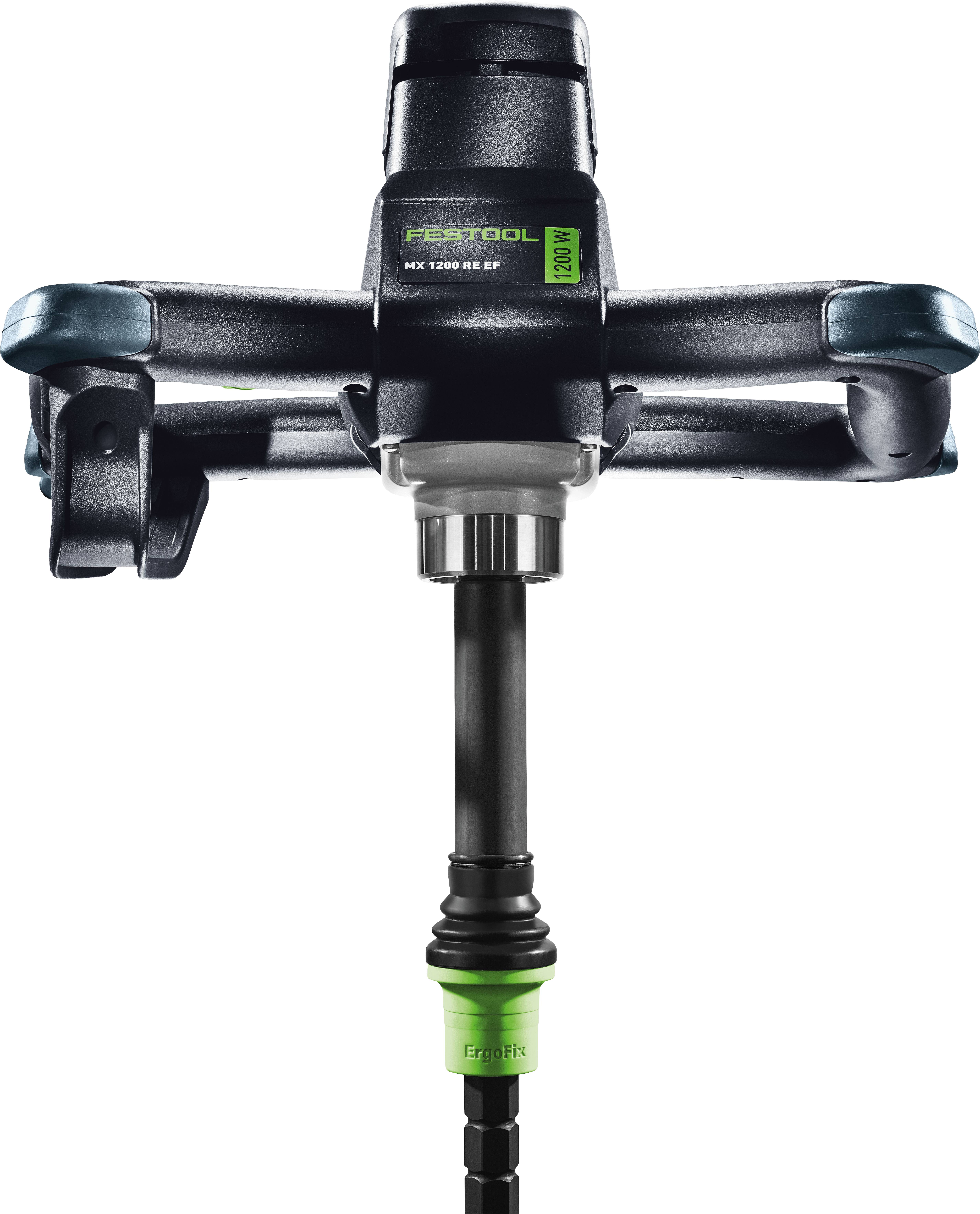 Ein Elektromischer mit schwarzem und grünem Griff, mit der Bezeichnung „Festool MX 1200 RE EF