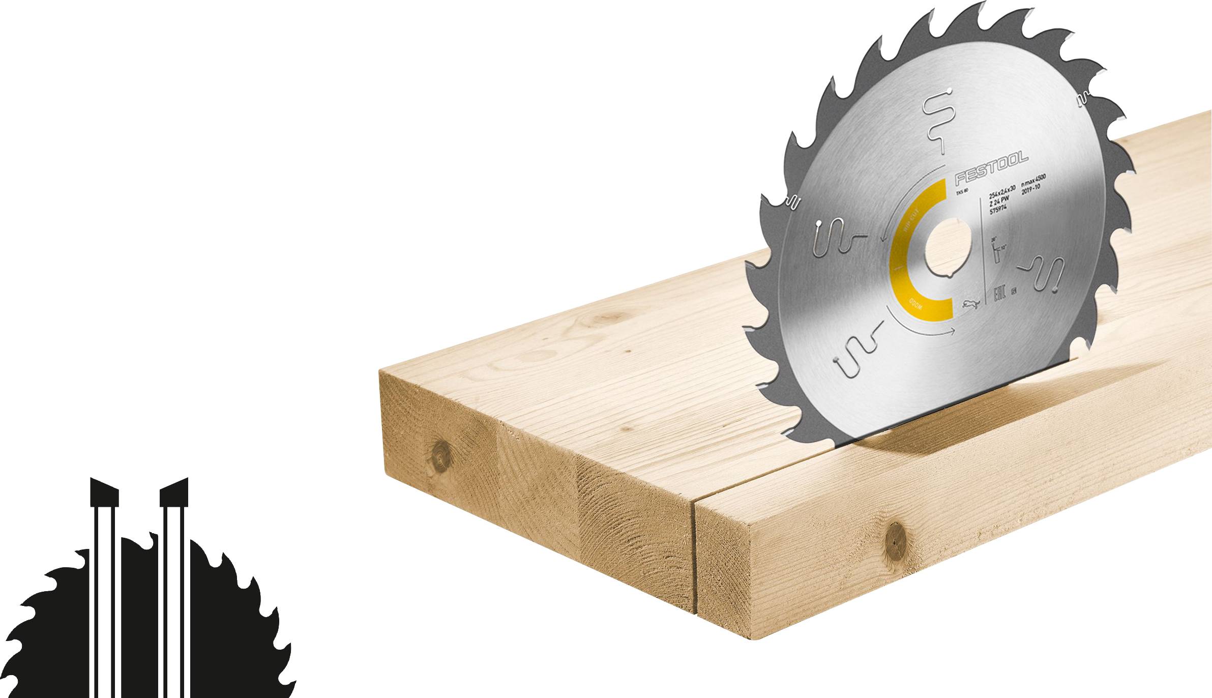 Eine Kreissägeblatt teilweise in ein Holzbrett eingebettet, was auf Holzbearbeitung oder Schneidvorgänge hindeutet.