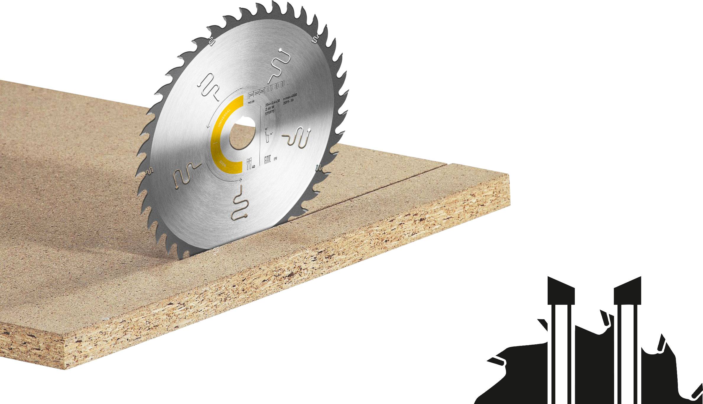 Ein Kreissägeblatt schneidet durch ein Stück Spanplatte, was Holzbearbeitungs- oder Zimmereiwerkzeuge in Gebrauch veranschaulicht.