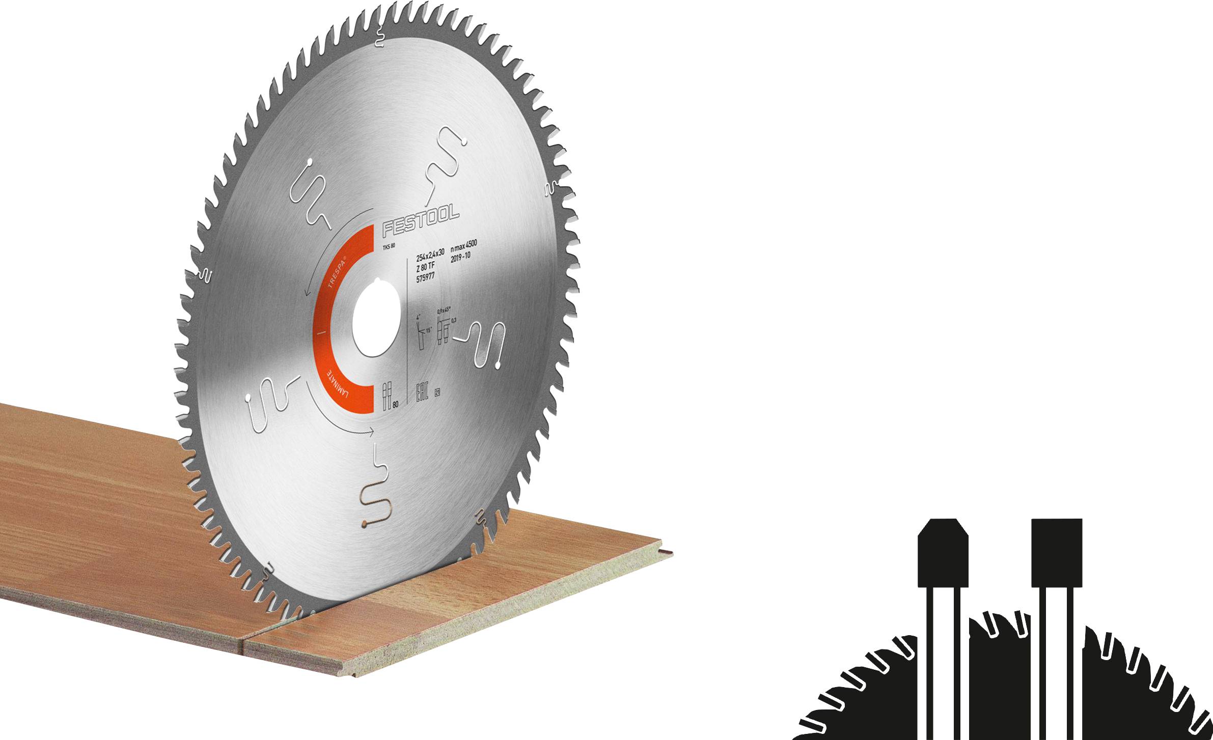 Eine Kreissägeblatt teilweise in einer Holzbohle eingebettet, wobei die Schnitttiefe und Präzision hervorgehoben werden. Das Diagramm zeigt Details der Blattschneiden.