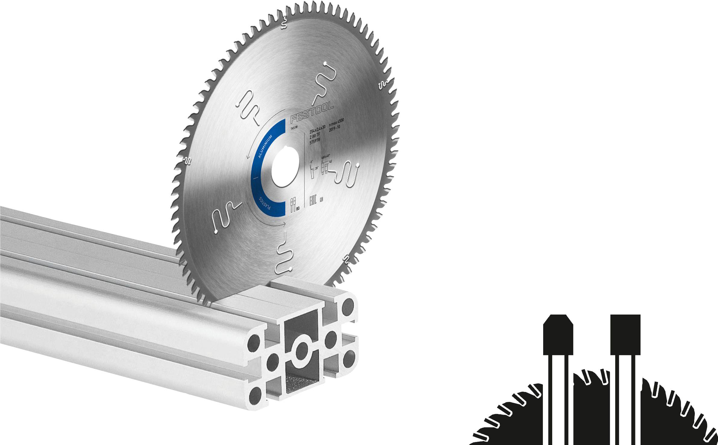 Ein kreisförmiges Sägeblatt steht vertikal auf einem Metallprofil und zeigt Schneidfähigkeit und Kompatibilität mit Industriematerialien.