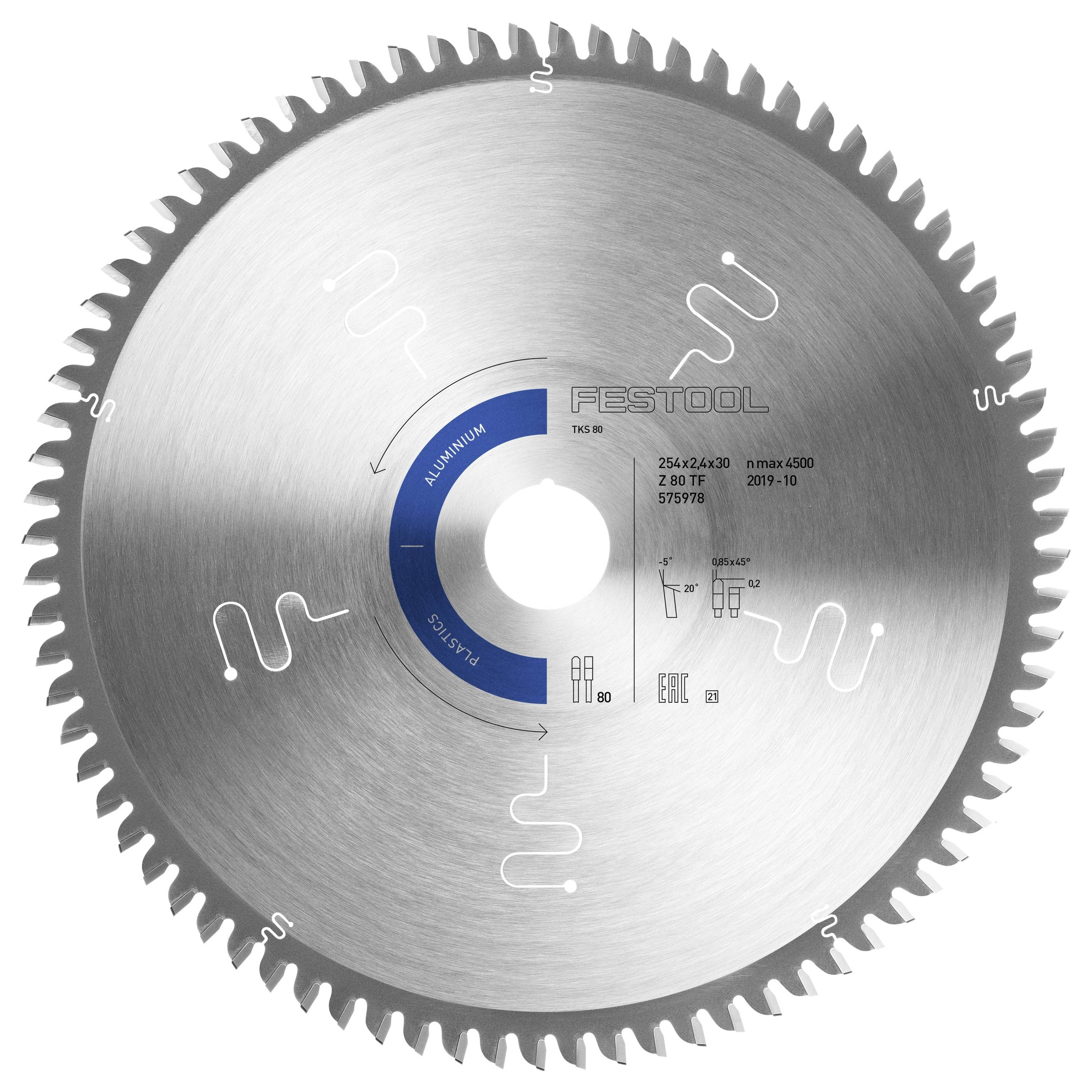 Ein Kreissägeblatt mit 56 Zähnen, speziell zum Schneiden von Aluminium entwickelt, mit blauen und silbernen Tönen und Festool-Branding.