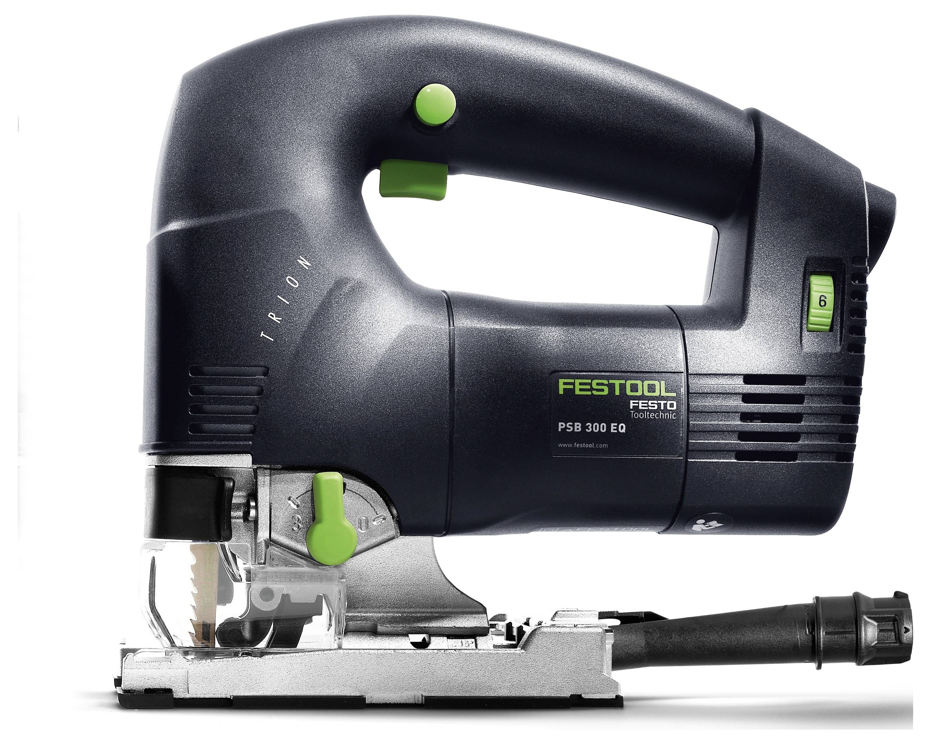 Eine schwarze Festool-Stichsäge mit grünen Tasten und sichtbarem Sägeblatt, entwickelt für präzises Schneiden.