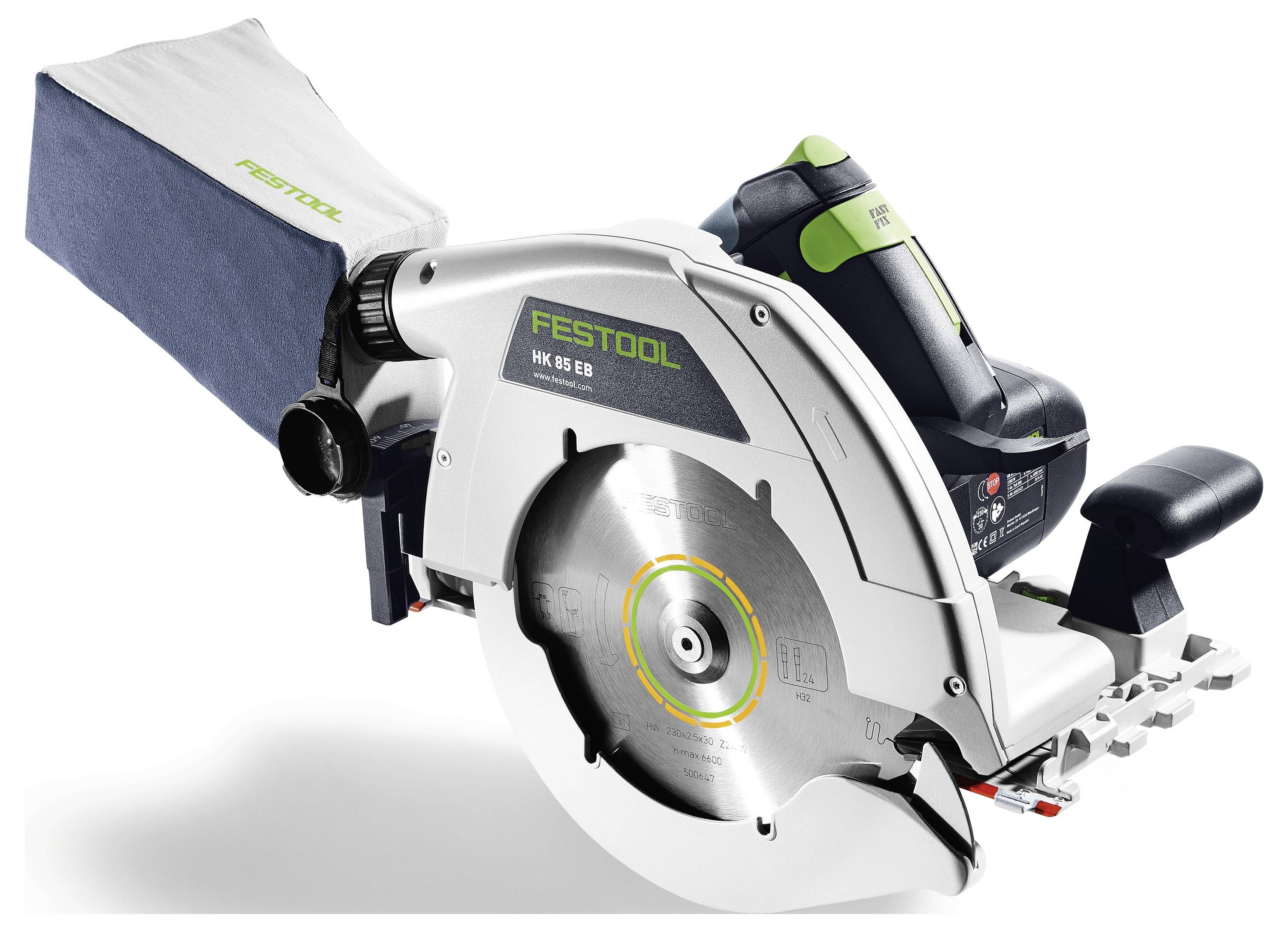 Festool HK 85 EB Handkreissäge mit Staubabsackung und ergonomischem Griff, konzipiert für präzises Holzbearbeitung und Zimmerei.