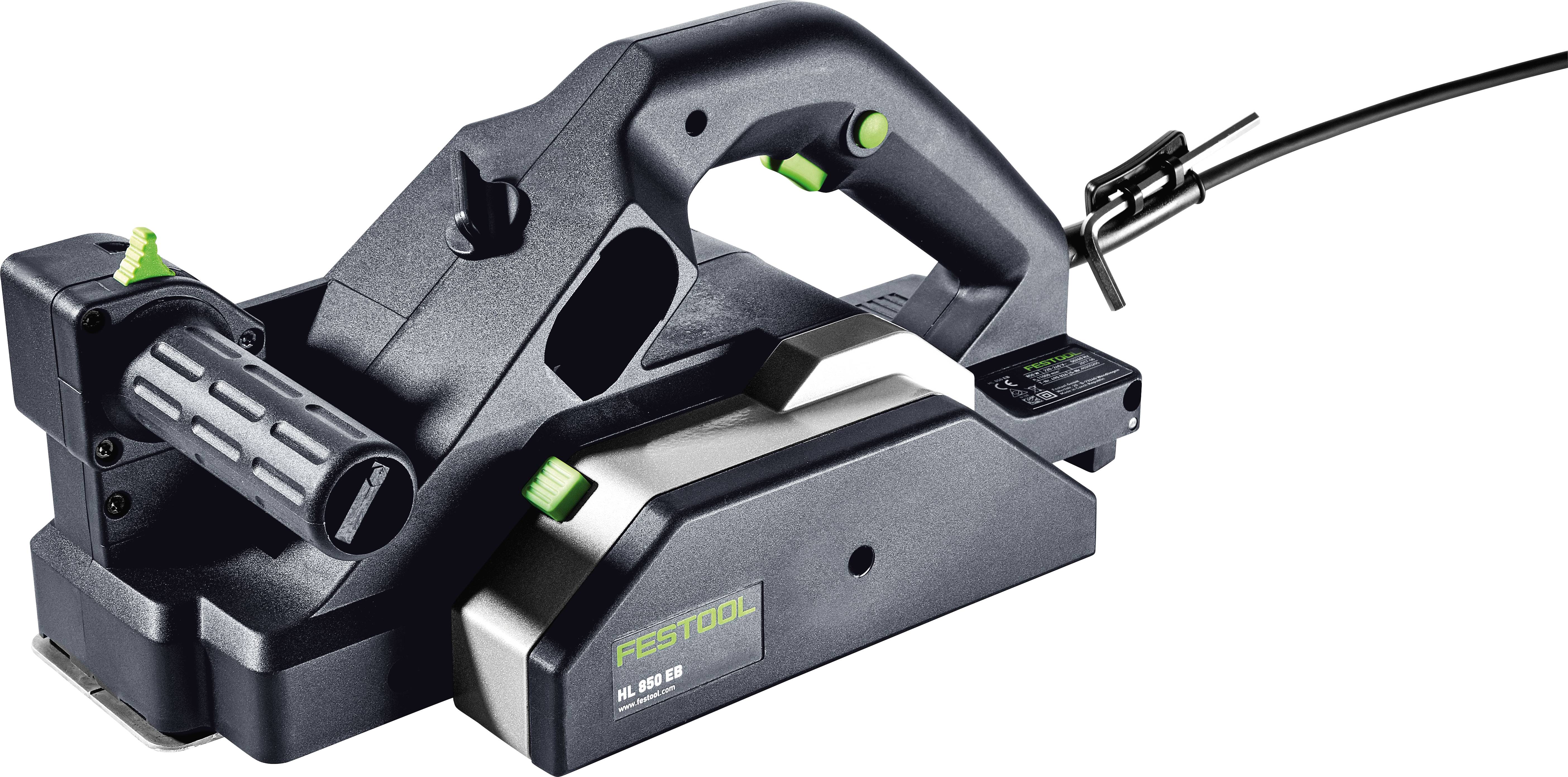 A black Festool planer with green accents, featuring a front handle and depth adjustment knob. The power cable is plugged in.