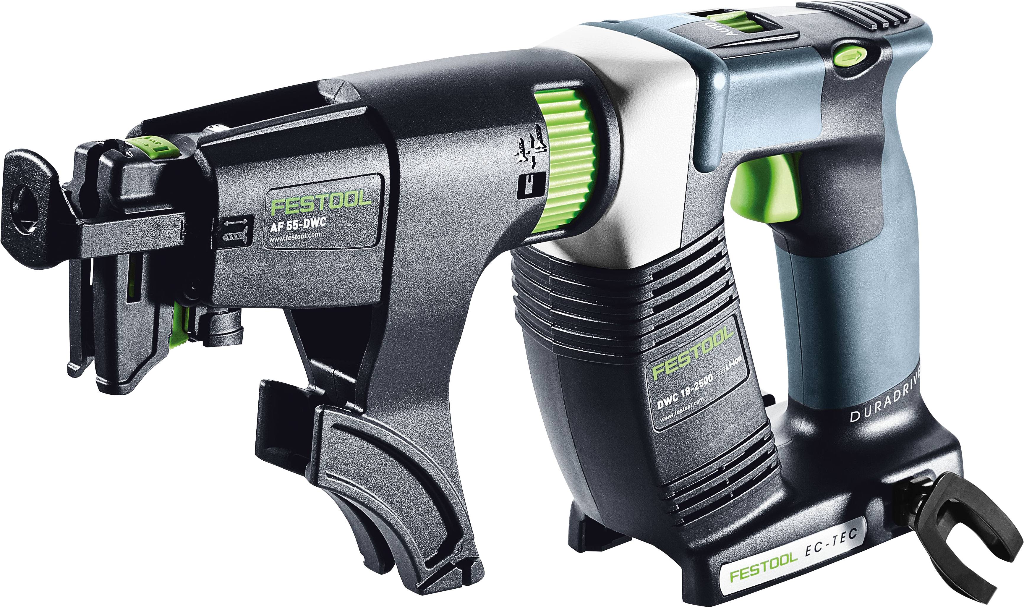 Das Festool DURADRIVE DWC Schraubendrehersystem zeichnet sich durch ein robustes, ergonomisches Design mit grünen und schwarzen Akzenten aus und hebt die AF 55 DWC Befestigung für effizientes Befestigen hervor.