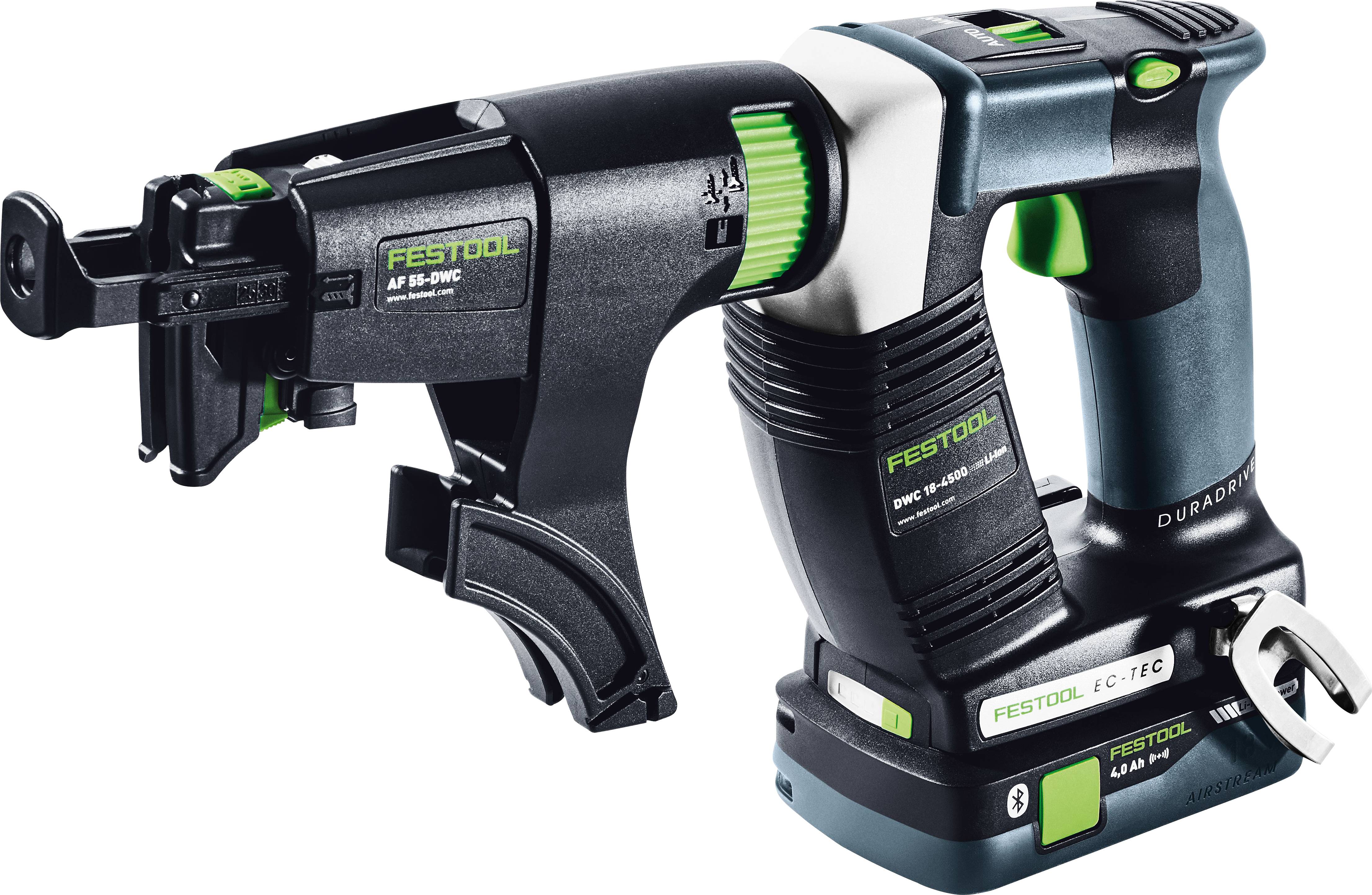 Ein Festool Akku-Trockenbau-Schrauber, Modell DWC 18-2500, gezeigt mit ergonomischem Design und einer Magazinanlage für effizientes Schrauben.