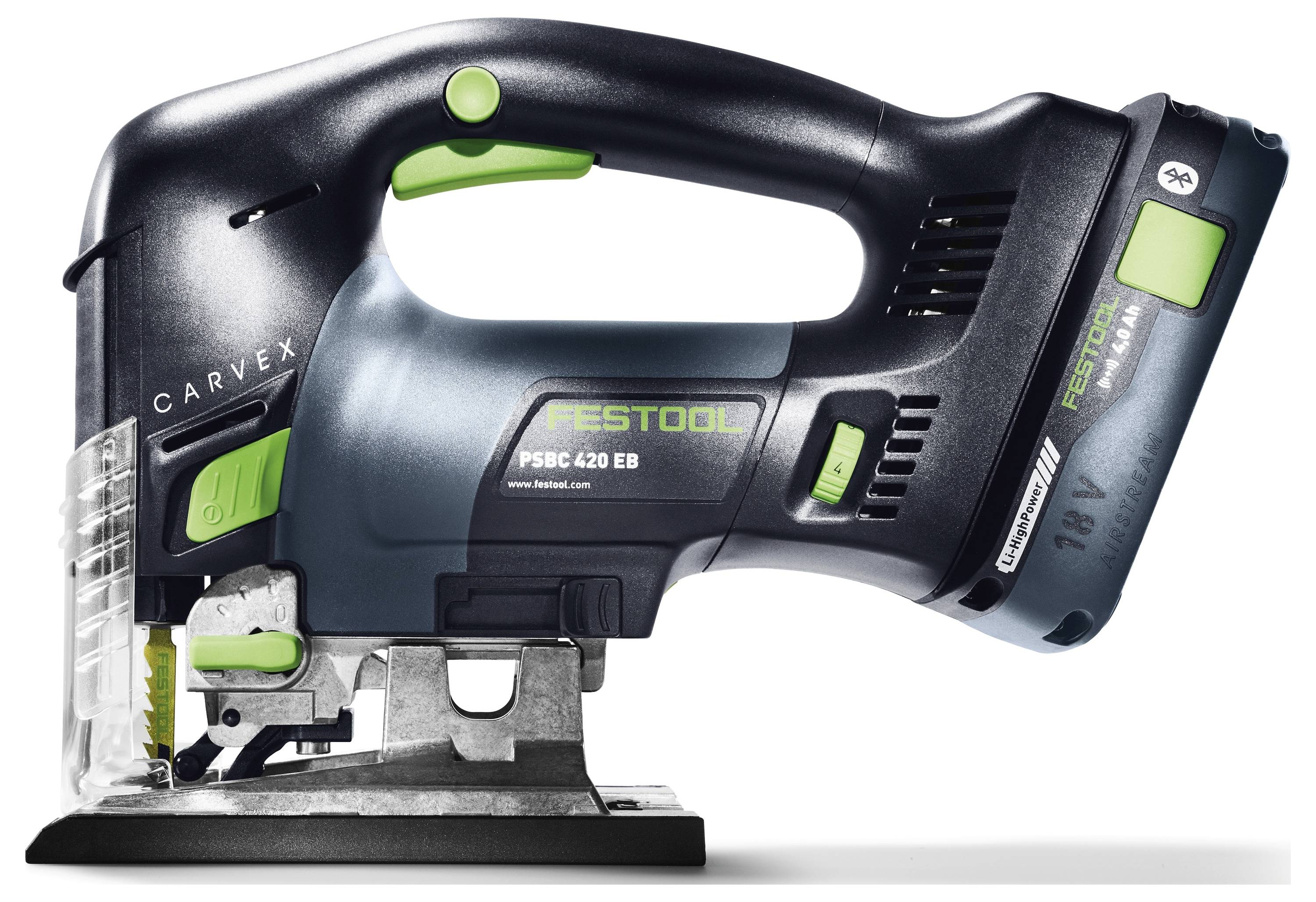 Eine tragbare elektrische Stichsäge mit schwarzem und grünem Design, mit der Bezeichnung „Festool PSC 420 EB