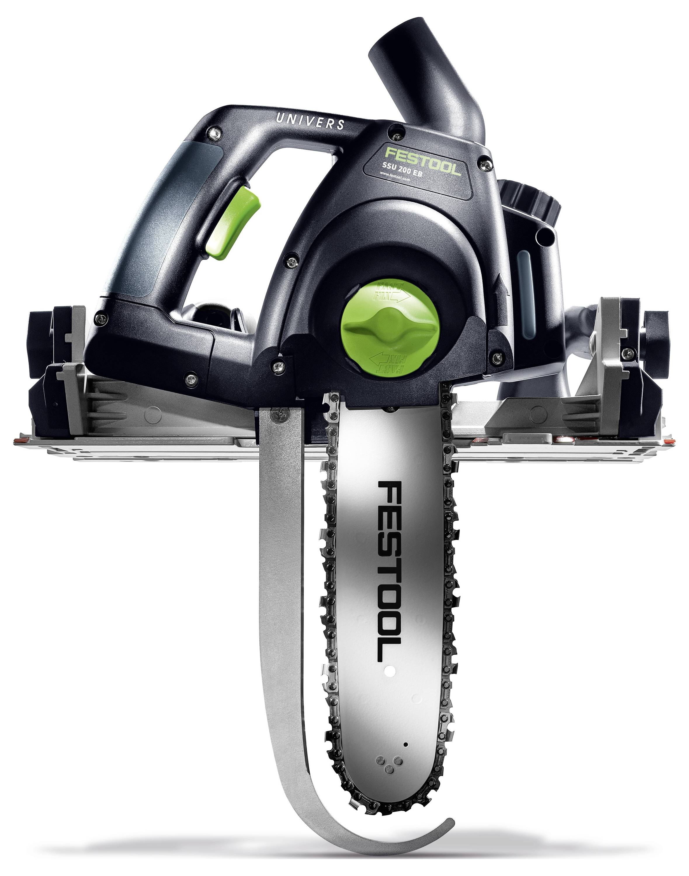 Festool-Kettensäge mit schlankem Design, bestehend aus grünem Griff, kompaktem Gehäuse und scharfem Sägeblatt. Geeignet für präzise Holzbearbeitungsaufgaben.