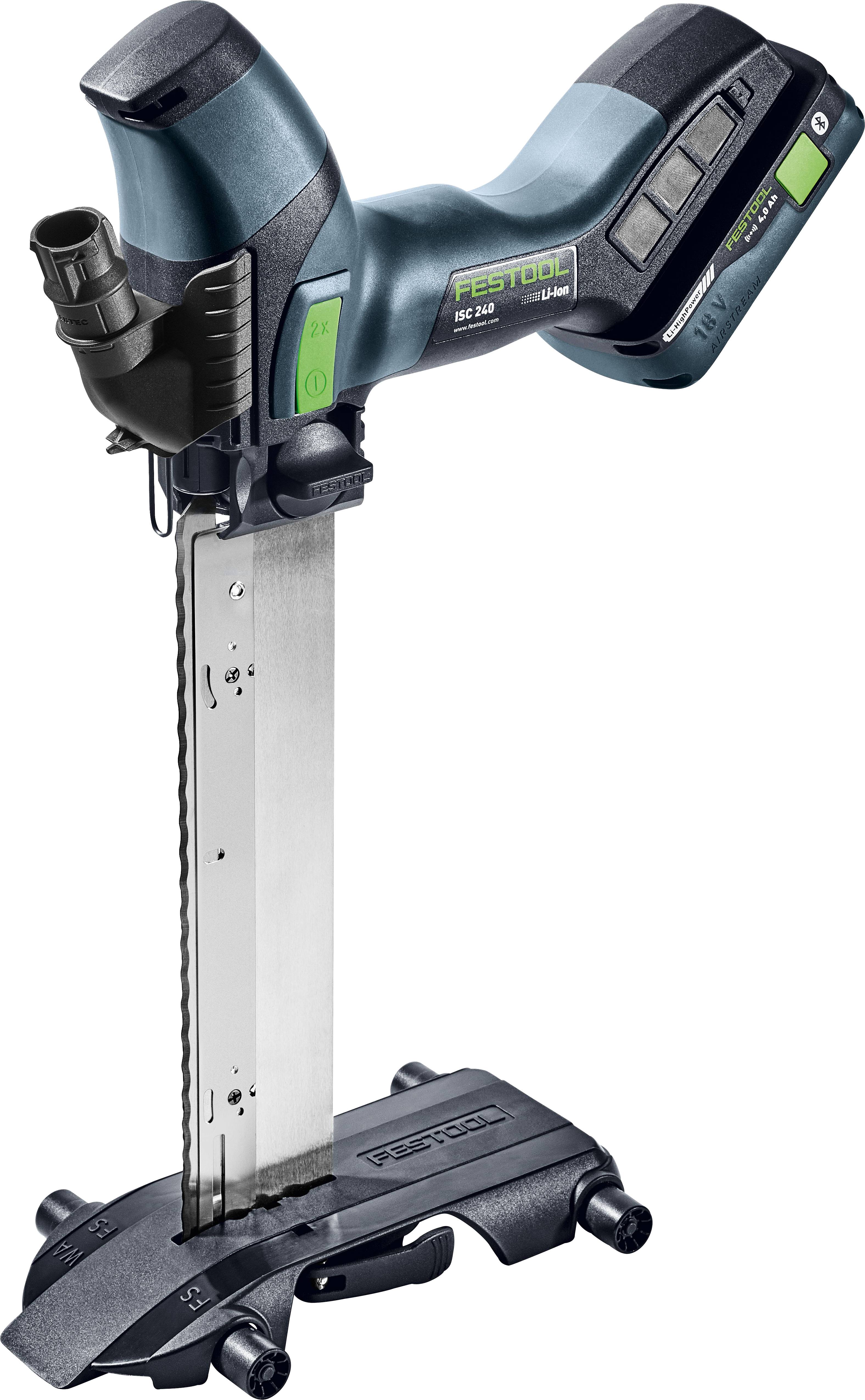 Eine kabellose Festool ISC 240 Isolierungssäge mit langer Metallklinge und ergonomischem Griff, entwickelt zum effizienten Schneiden von Isoliermaterialien.