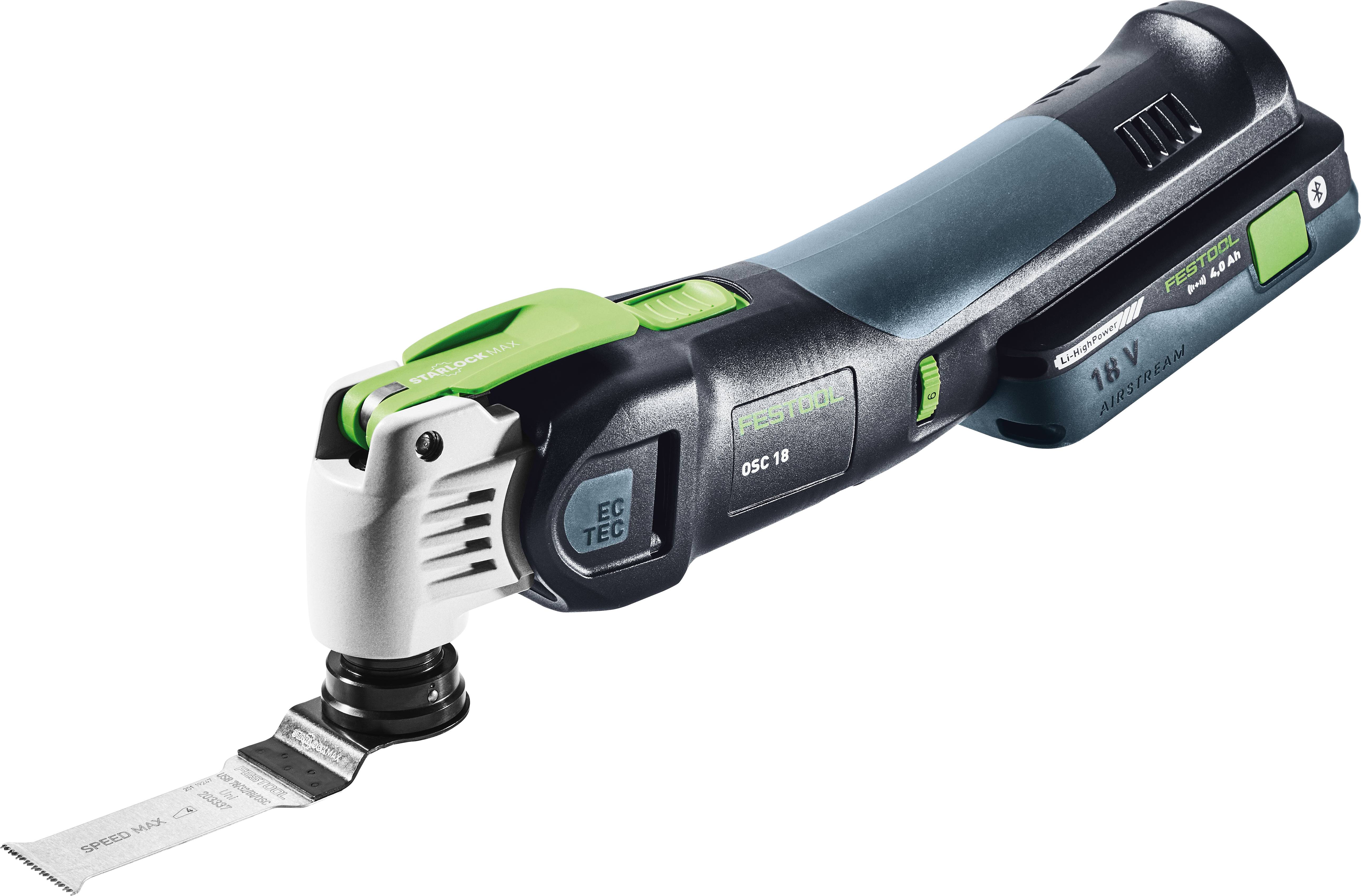 Ein schnurloses oszillierendes Multitool mit grünem und schwarzem Griff, mit ergonomischem Design und austauschbarem Blatt.