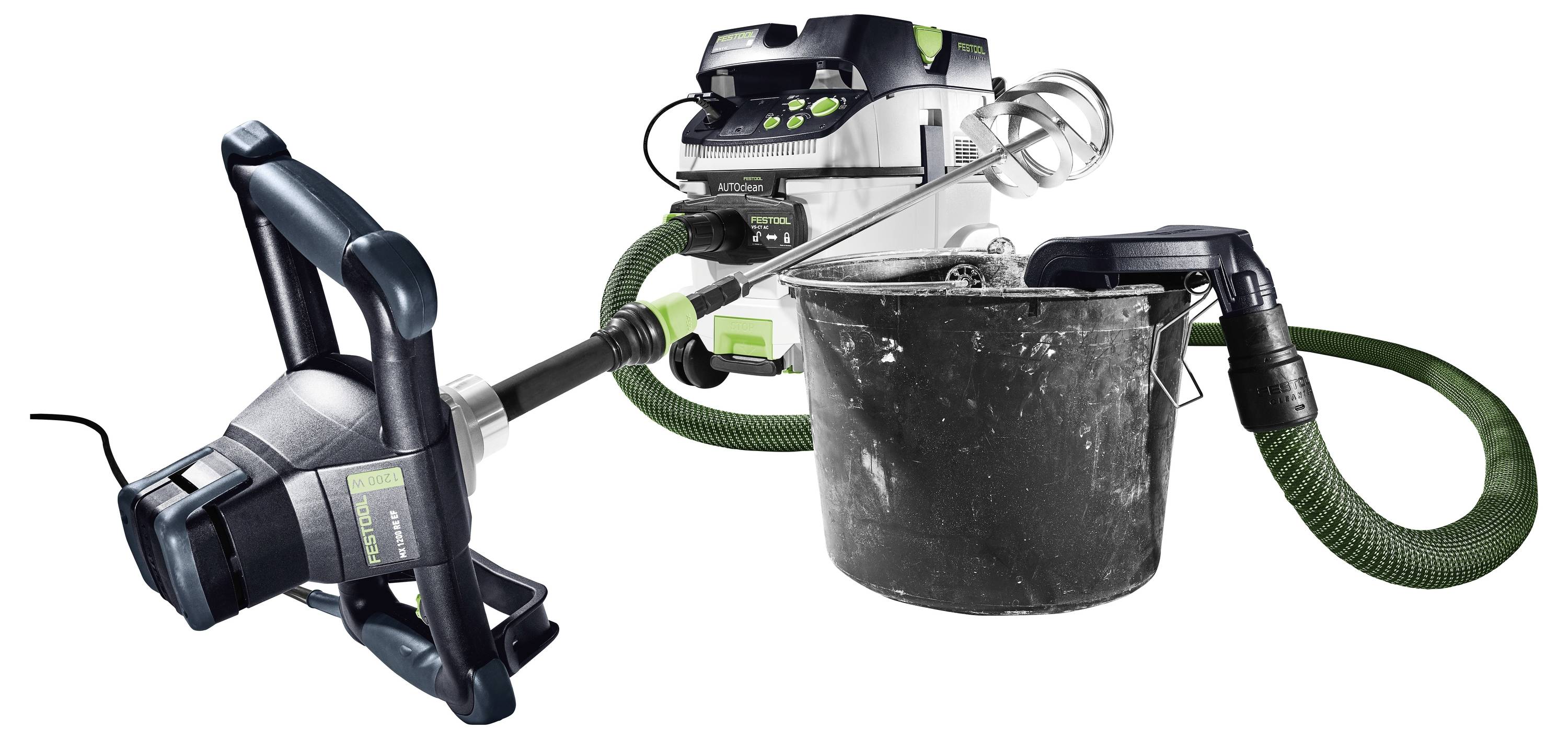 Ein Drillmischer ist an ein Staubextraktionssystem angeschlossen, das mit einem schwarzen Behälter verbunden ist und zeigt eine staubfreie Mischanordnung.