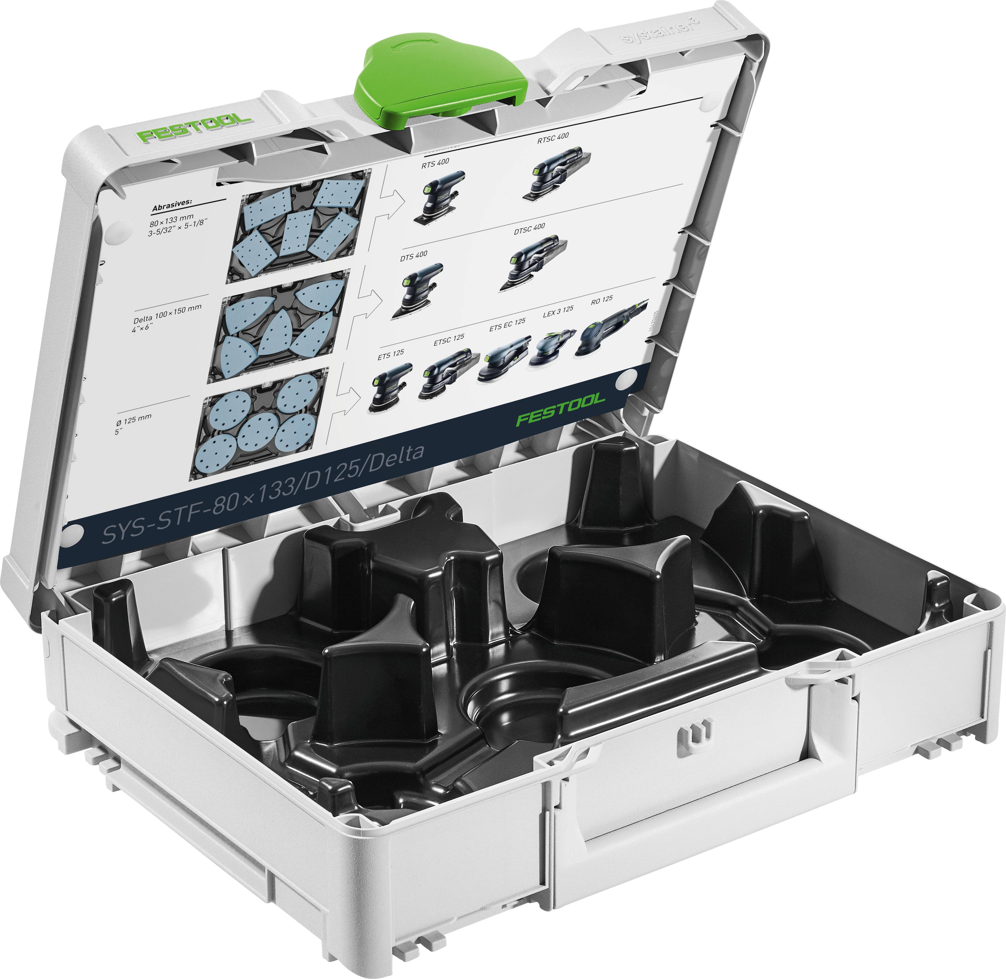 Das Bild zeigt einen offenen Festool-Lagerbehälter mit Fächern zur Organización von Schleifpads, mit einem Etikett mit verschiedenen Schleifpad-Größen.