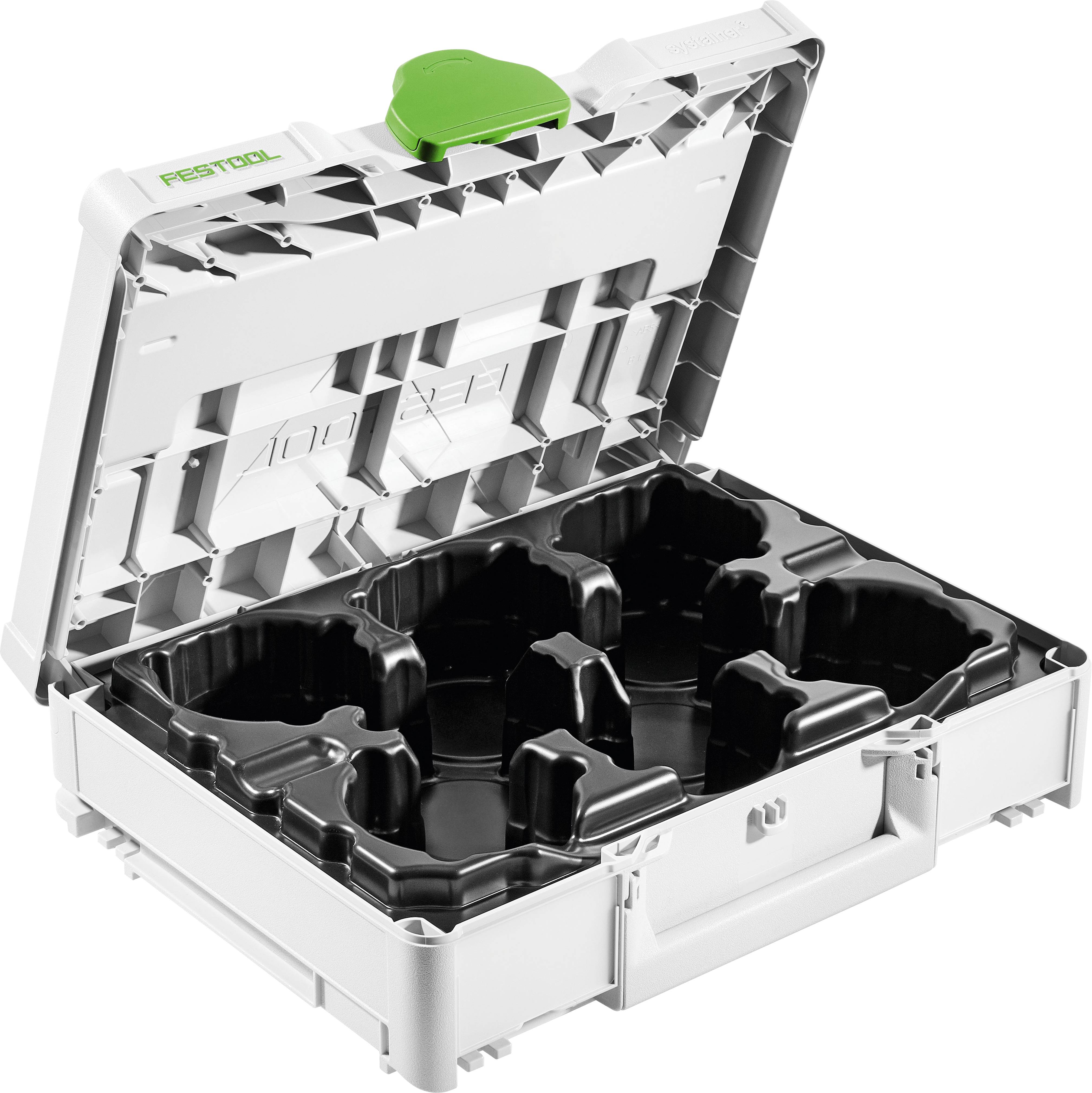 Offene Festool-Werkzeugbox mit mehreren Fächern im Inneren, konzipiert zur Werkzeugorganisation.