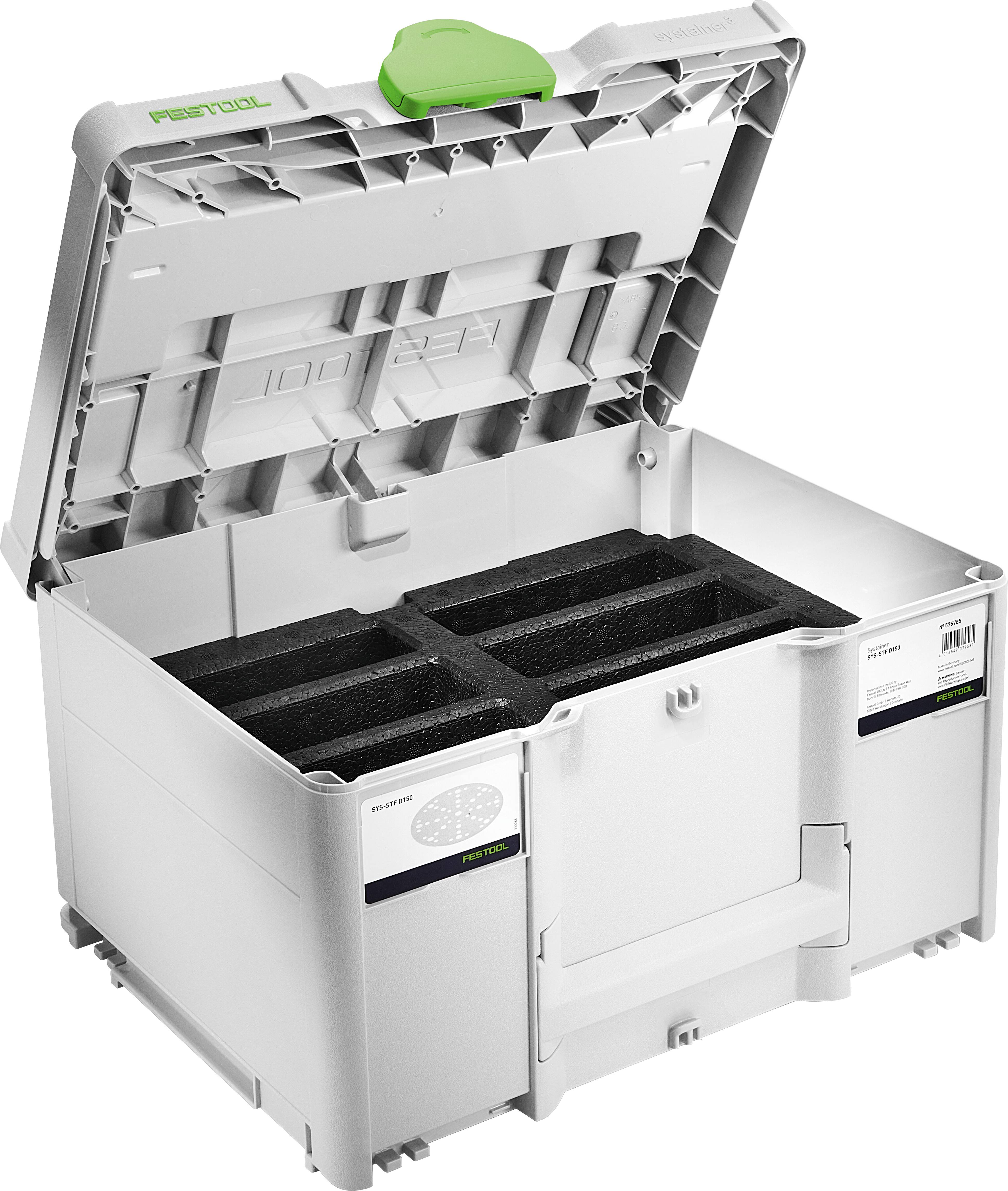 Eine offene weiße Aufbewahrungsbox mit grünem Griff, die mehrere Fächer im Inneren zeigt.