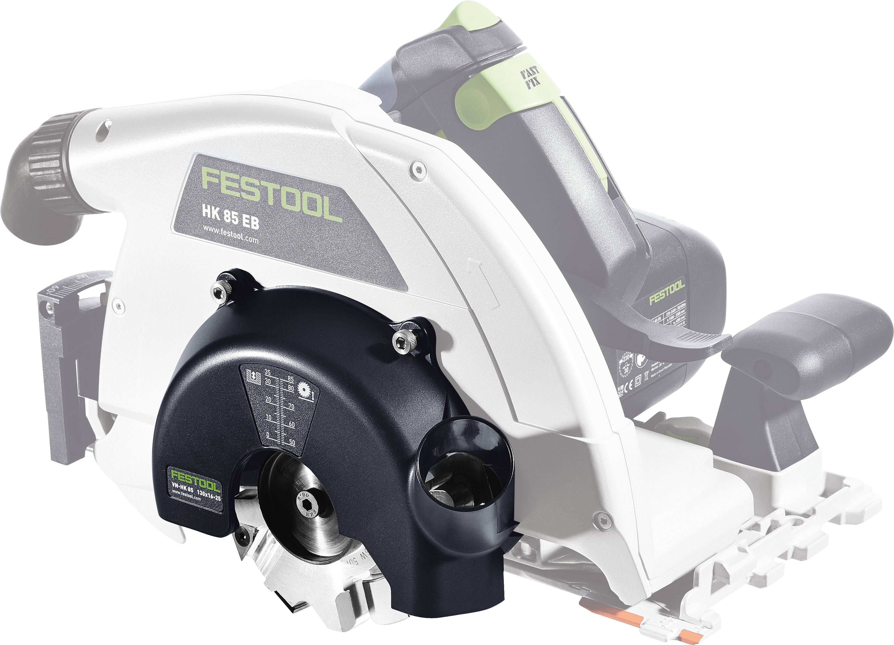 Eine Nahaufnahme einer Festool HK 85 EB Kreissäge, die das Sägeblatt, die Schnitttiefeneinstellung und den ergonomisch gestalteten Griff zum präzisen Zuschnitt zeigt.