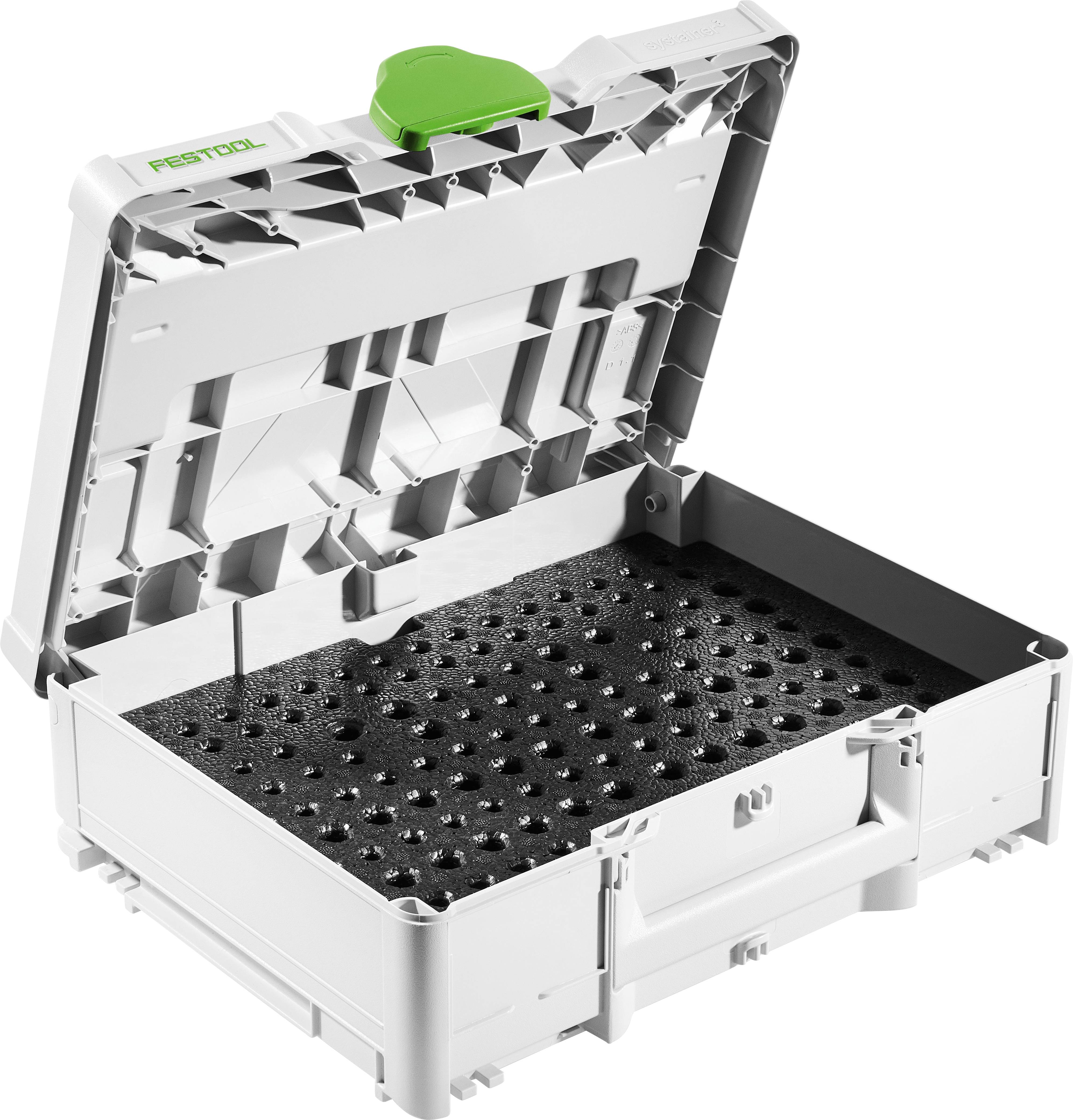 Festool Transportkoffer mit Schaumstoffeinlage, offener Deckel. Geeignet zur sicheren Lagerung und zum Transport von Werkzeugen oder Ausrüstung.