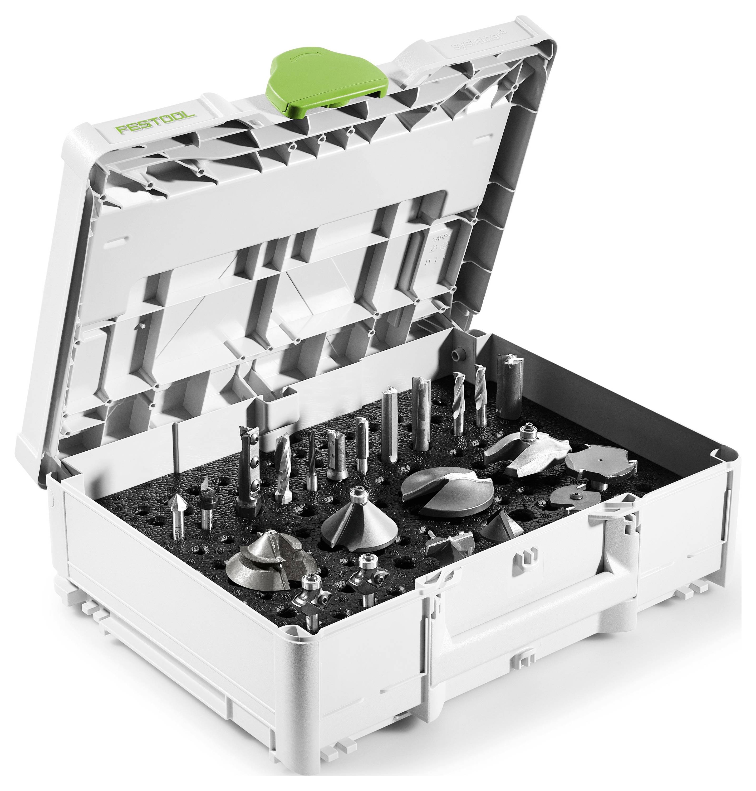 Drei kreisförmige Sägeblätter mit scharfen Zähnen in unterschiedlichen Größen, aufrecht positioniert. Jedes Blatt hat eine reflektierende Metalloberfläche und ein farbiges Etikett nahe der Mitte.