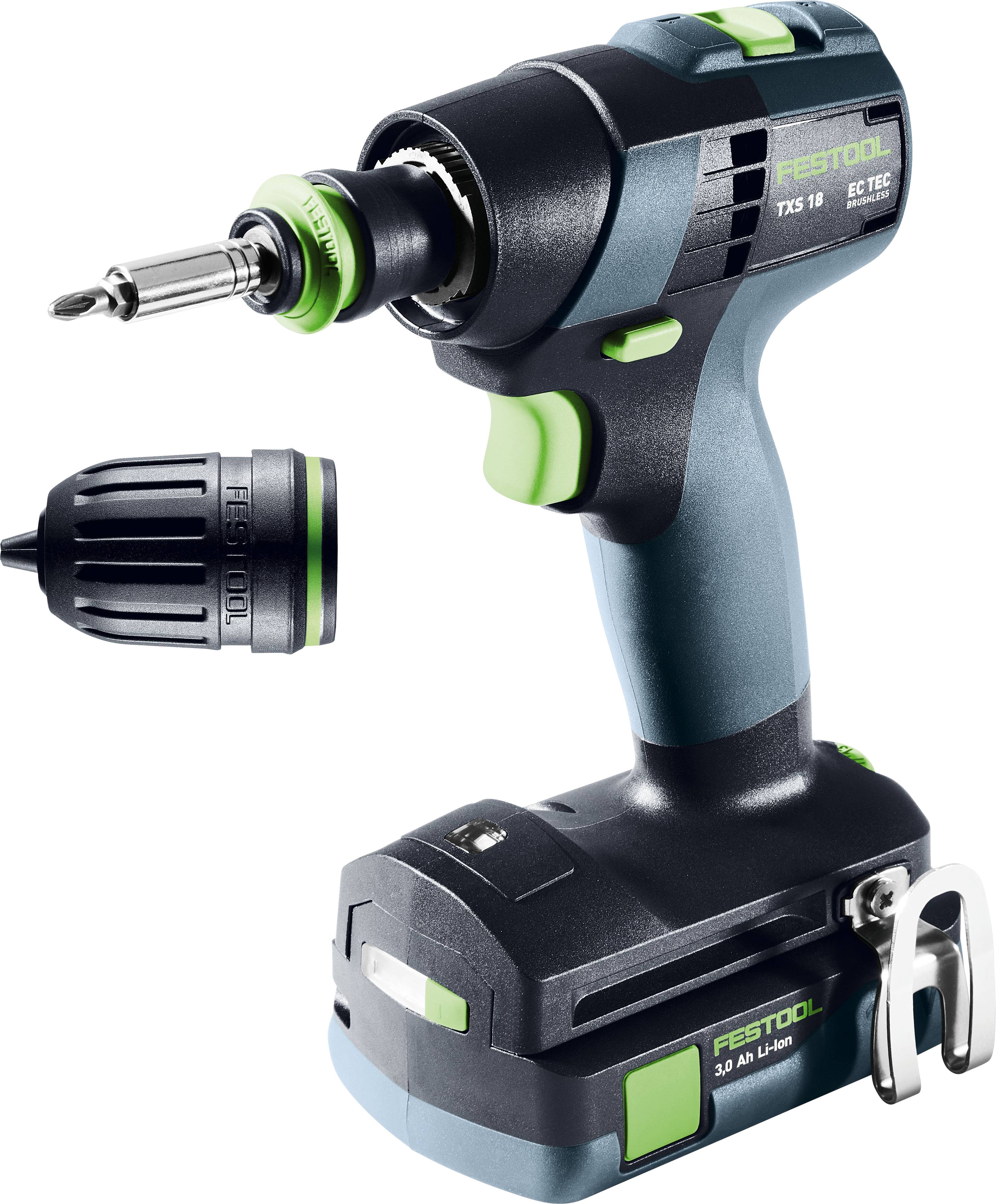 'Festool TXS 18' Akku-Bohrschrauber mit kompaktem Design, gezeigt mit austauschbarem Bohrfutter und grünen Akzenten auf schwarzem und grauem Gehäuse.