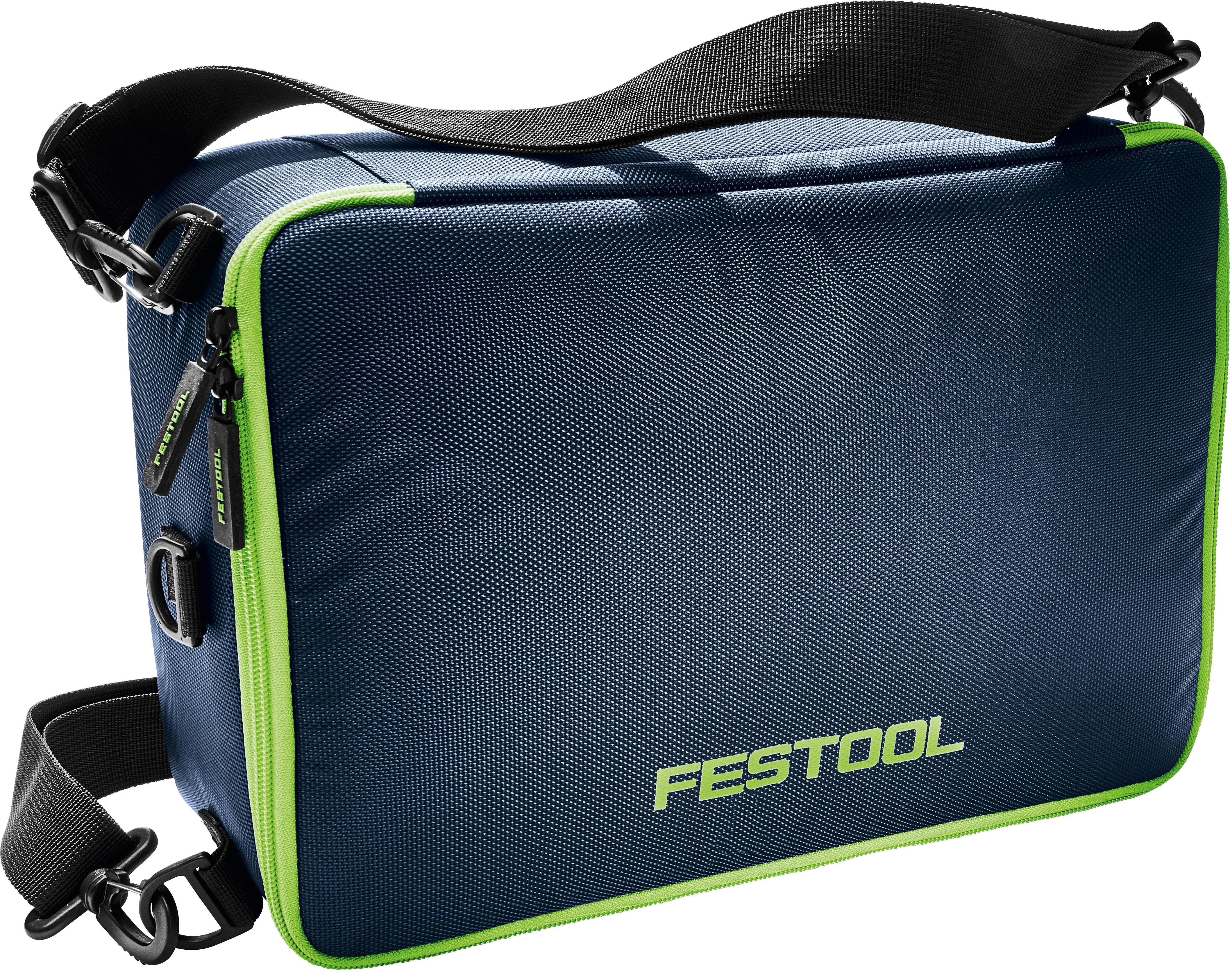 Eine blaue rechteckige Schultertasche mit schwarzem Riemen und neongrünen Akzenten, mit dem Markennamen „FESTOOL