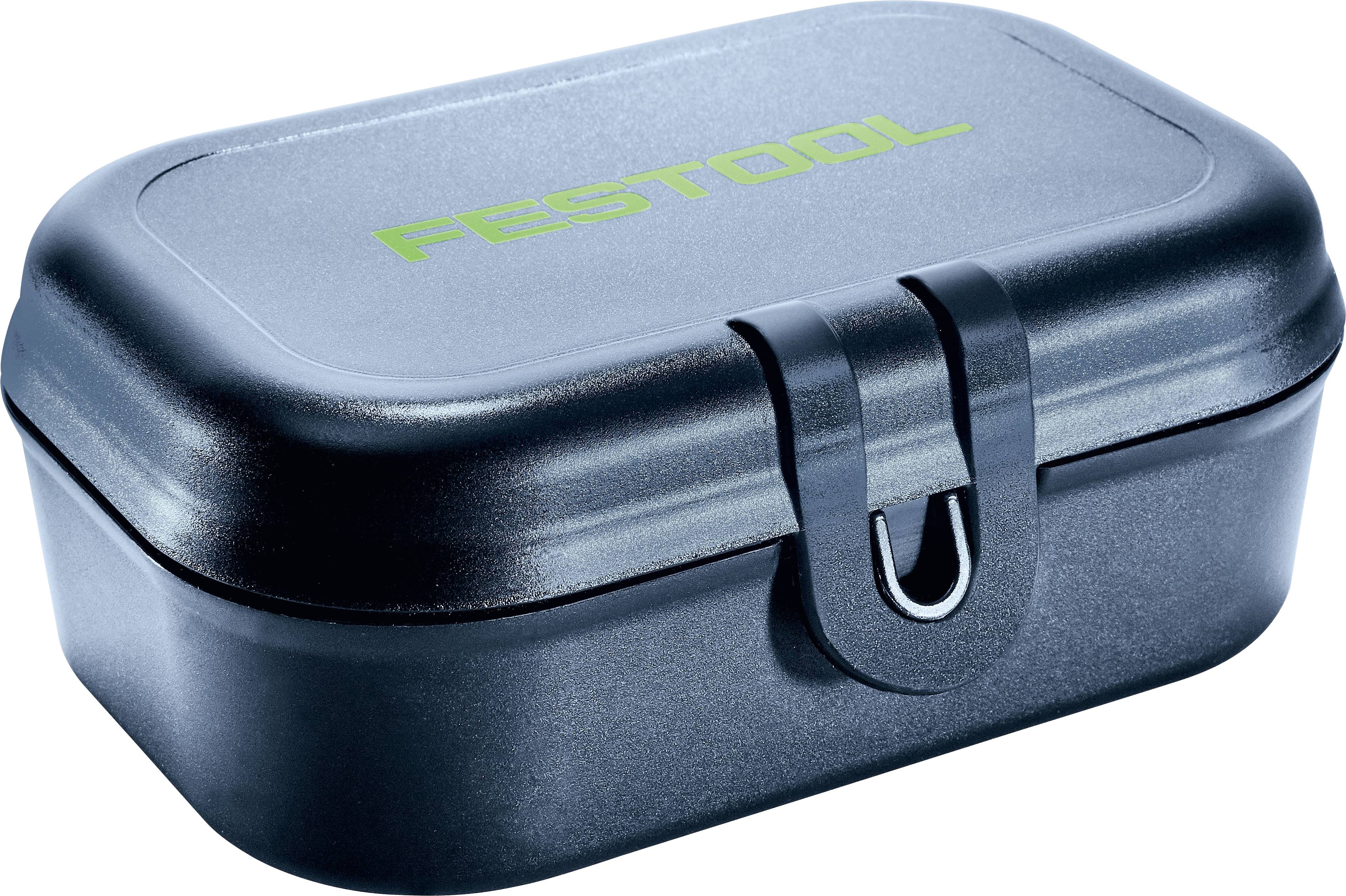 Ein kleines, rechteckiges schwarzes Etui mit Clip, auf dessen Deckel der Text „Festool