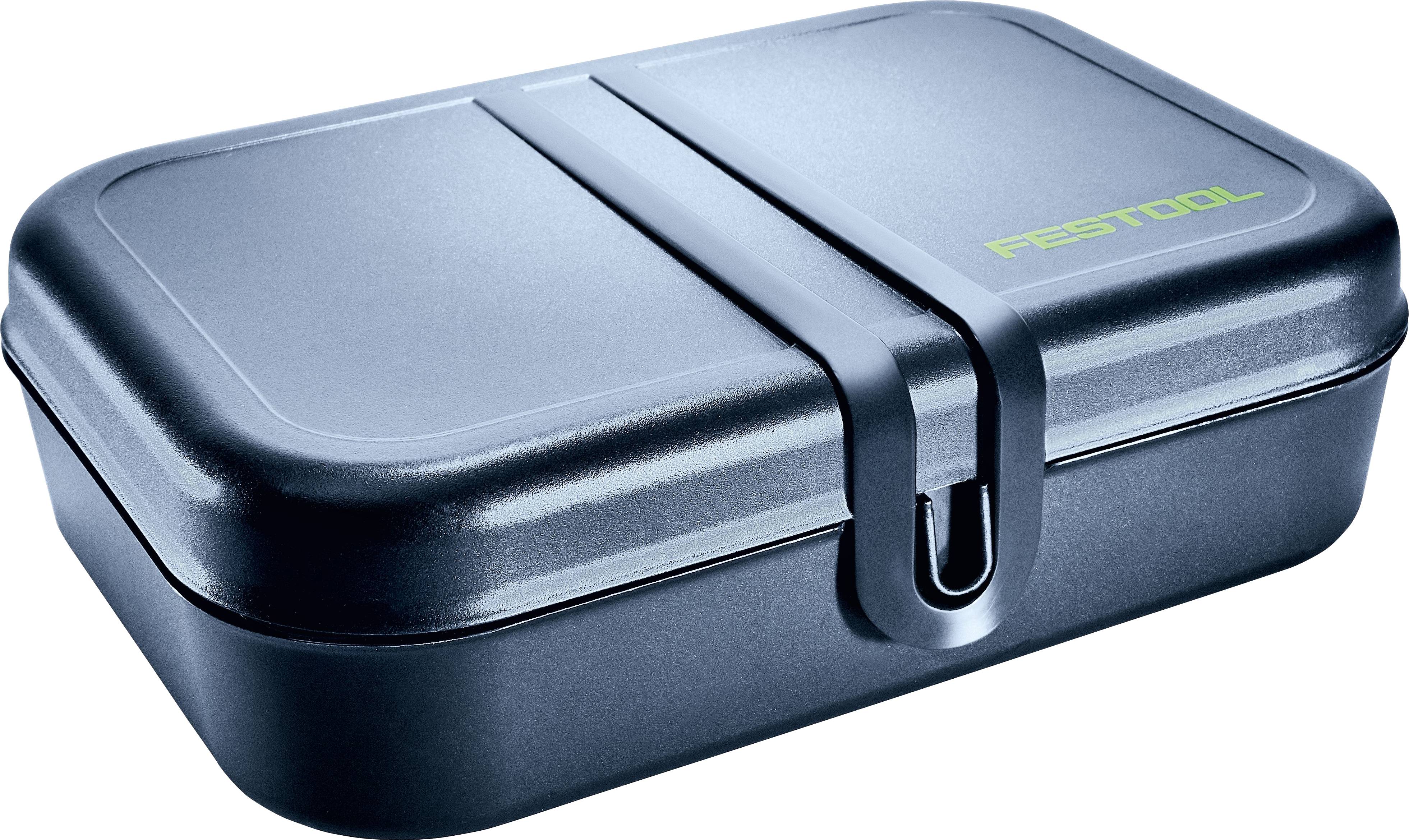 Ein geschlossener, rechteckiger Festool-Lagerkasten mit schlankem Design, mit einer prominenten Verschlussfalle an der Vorderseite und Festool-Logo oben.