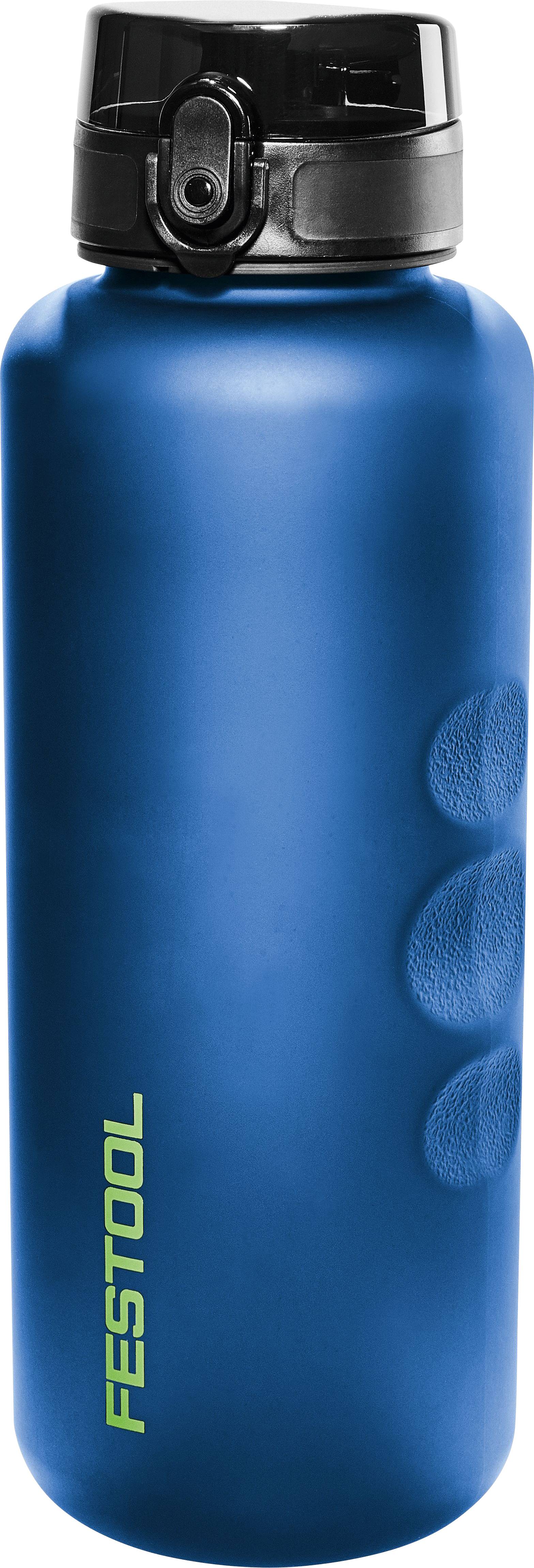 Eine blaue Festool-Markenwasserflasche mit schwarzem Deckel, ausgestattet mit einer strukturierten Grifffläche an der Seite für einfache Handhabung.