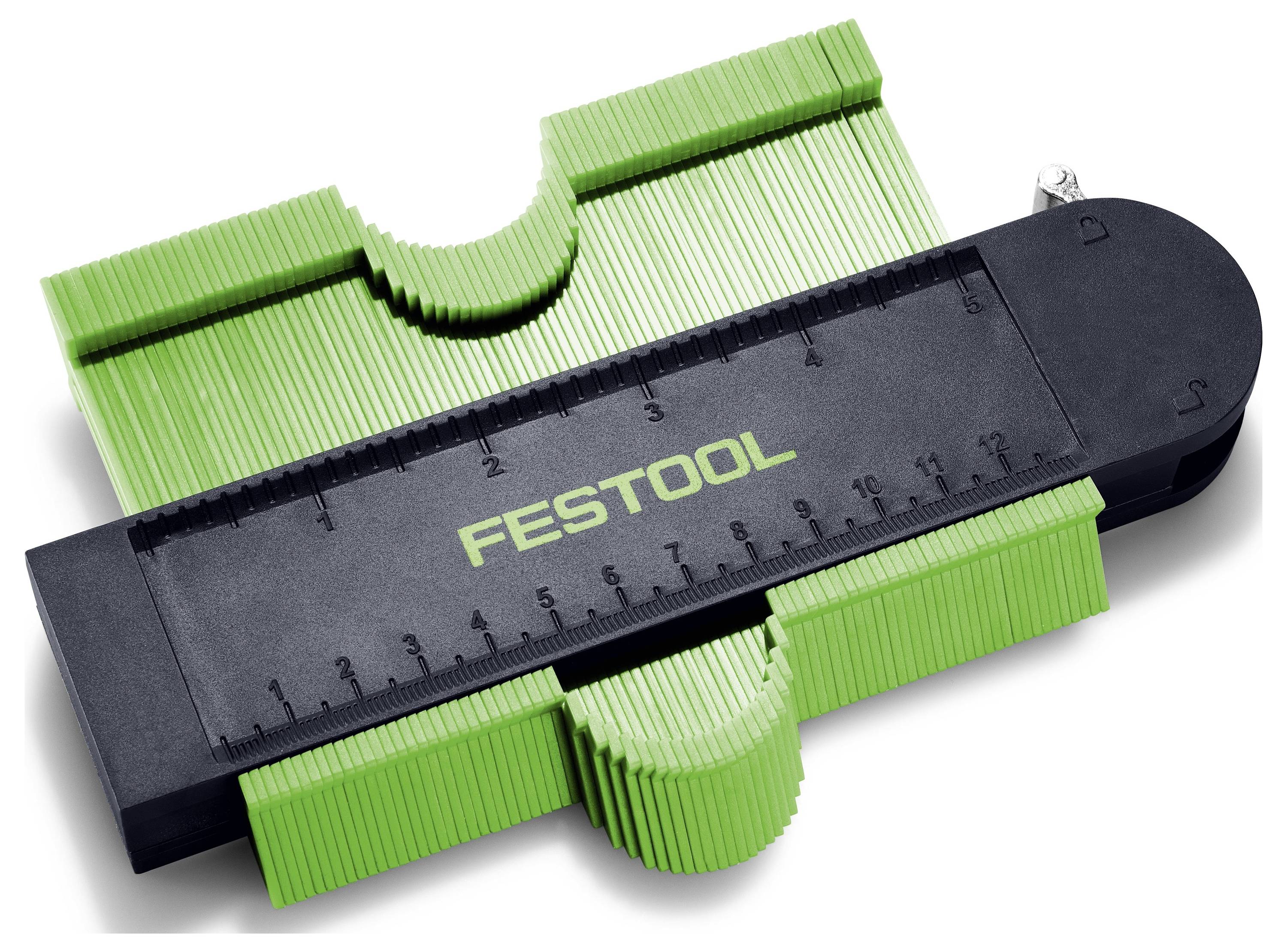 Grünes und schwarzes Festool-Konturenlehre zum präzisen Messen und Duplizieren von Formen, ausgestattet mit einem Lineal und flexiblen Kunststoffstiften.