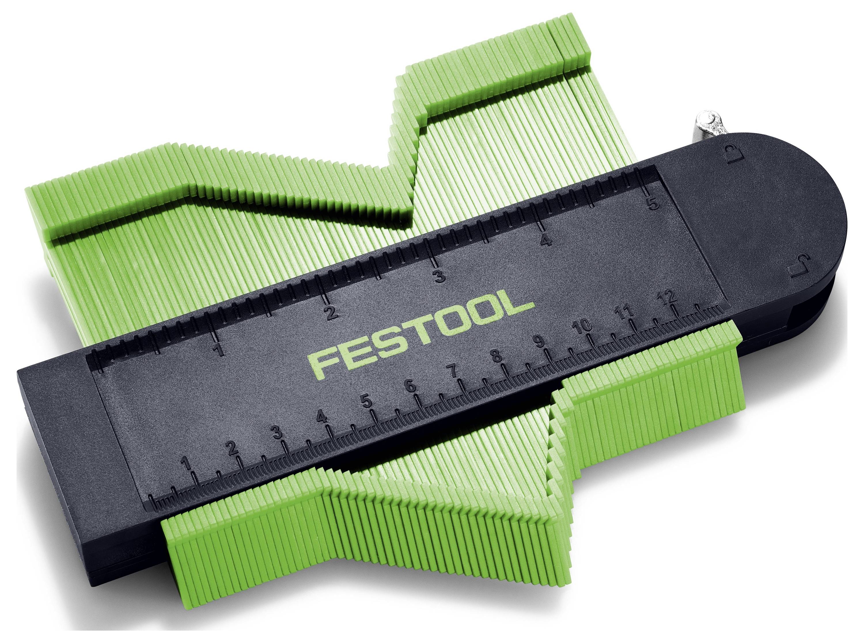 Ein grün-schwarzes Festool-Konturlehre mit Messskala, verwendet zum genauen Kopieren komplexer Formen in DIY- und Holzbearbeitungsprojekten.