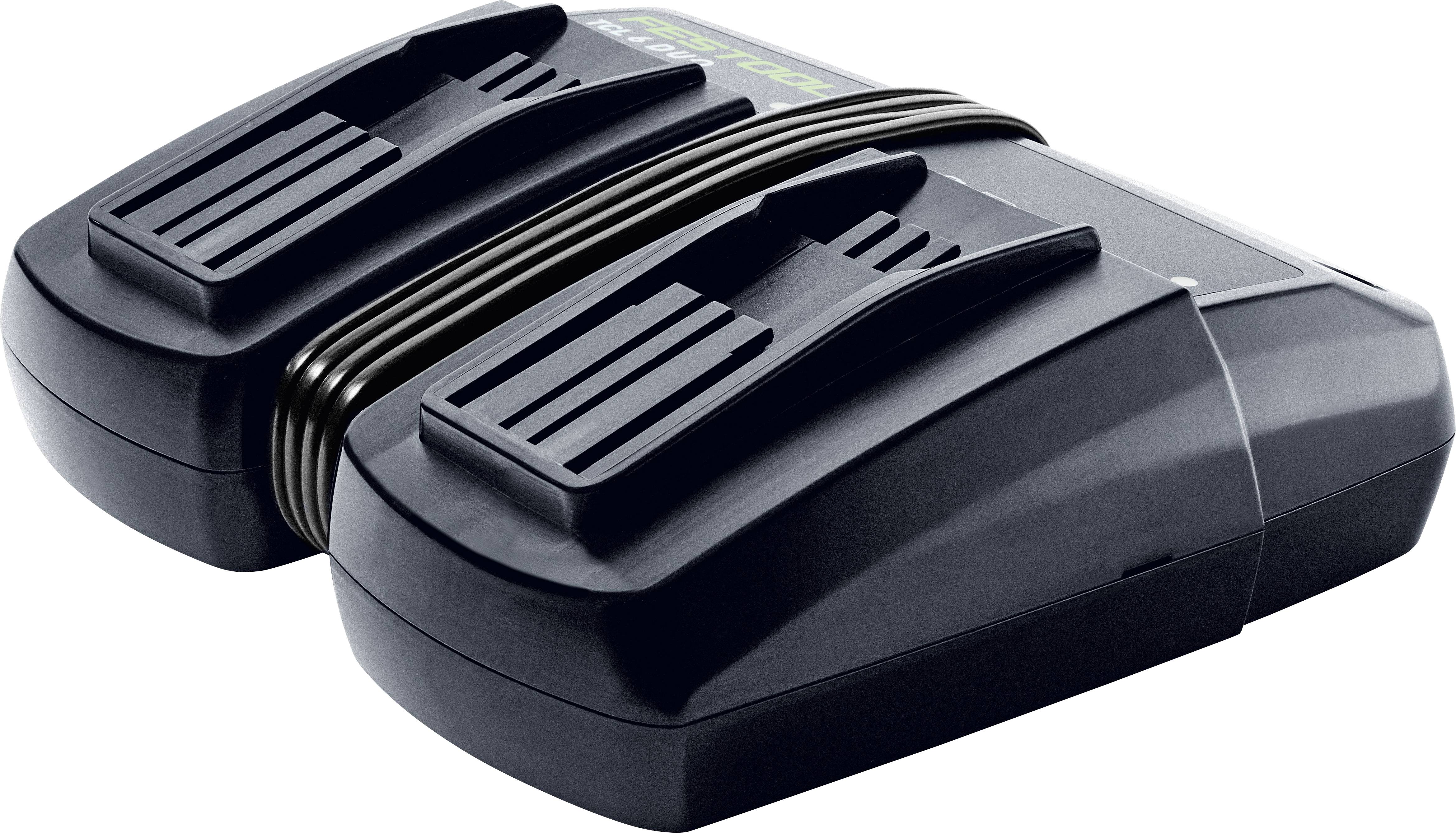 Festool Doppelbatterie-Ladegerät mit zwei Batteriesteckplätzen und angeschlossenem Stromkabel, entwickelt für effizientes simultanes Laden.