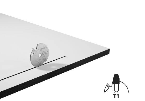 Ein Werkzeug schneidet durch ein Blatt und erzeugt eine präzise Linie. Das Symbol einer Klinge mit der Markierung „T1