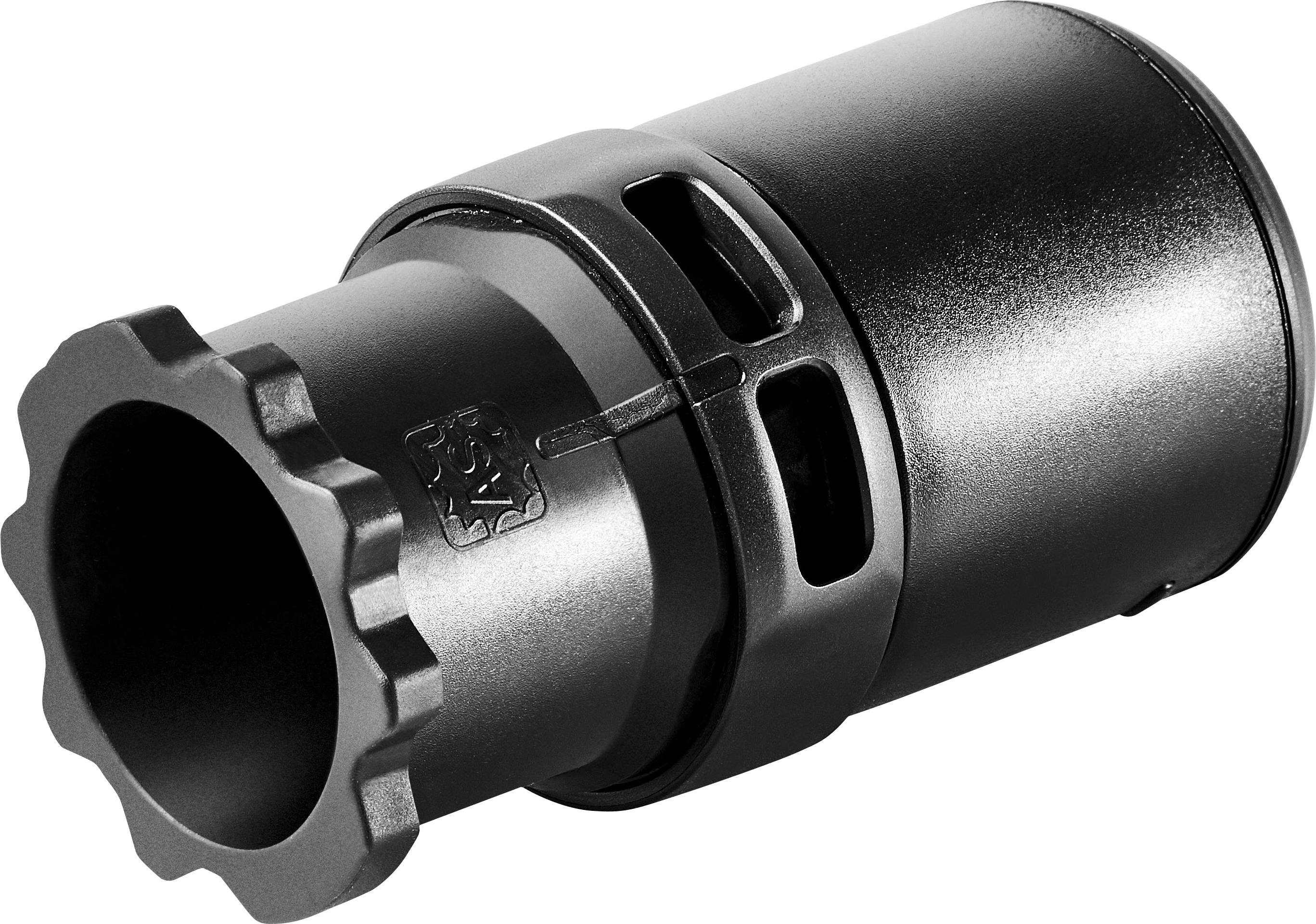 Ein schwarzes zylindrisches Metallmündungsgerät mit radialen Öffnungen und einem gezahntem Rand, das zum Anbringen an einem Gewehrlauf konzipiert ist.