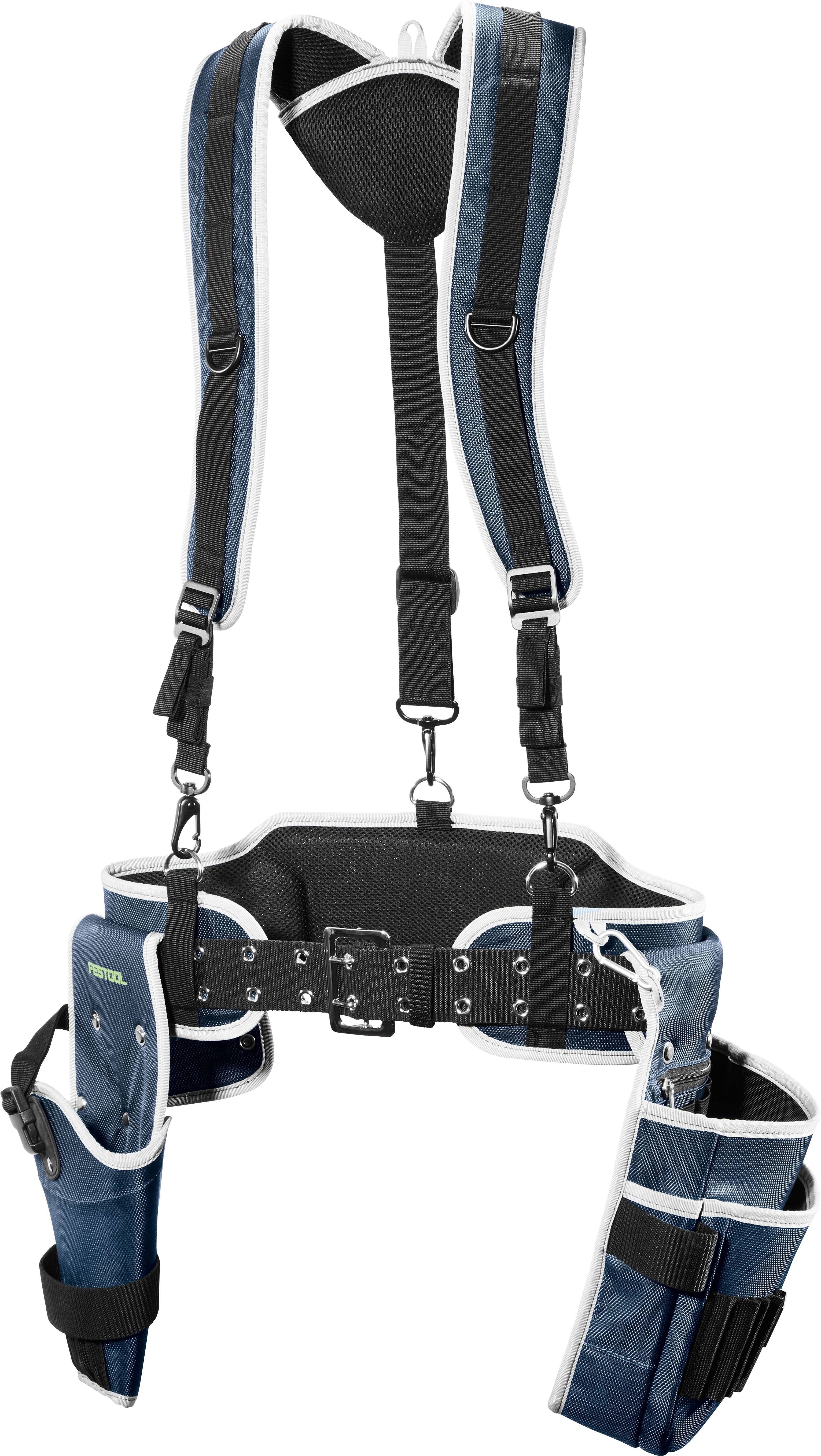 Ein blaueres, verstellbares Geschirr mit gepolsterten Gurten und einem stabilen Gürtel, das für Sicherheit und Unterstützung konzipiert ist und typischerweise in Bau- oder Industriebereichen verwendet wird.