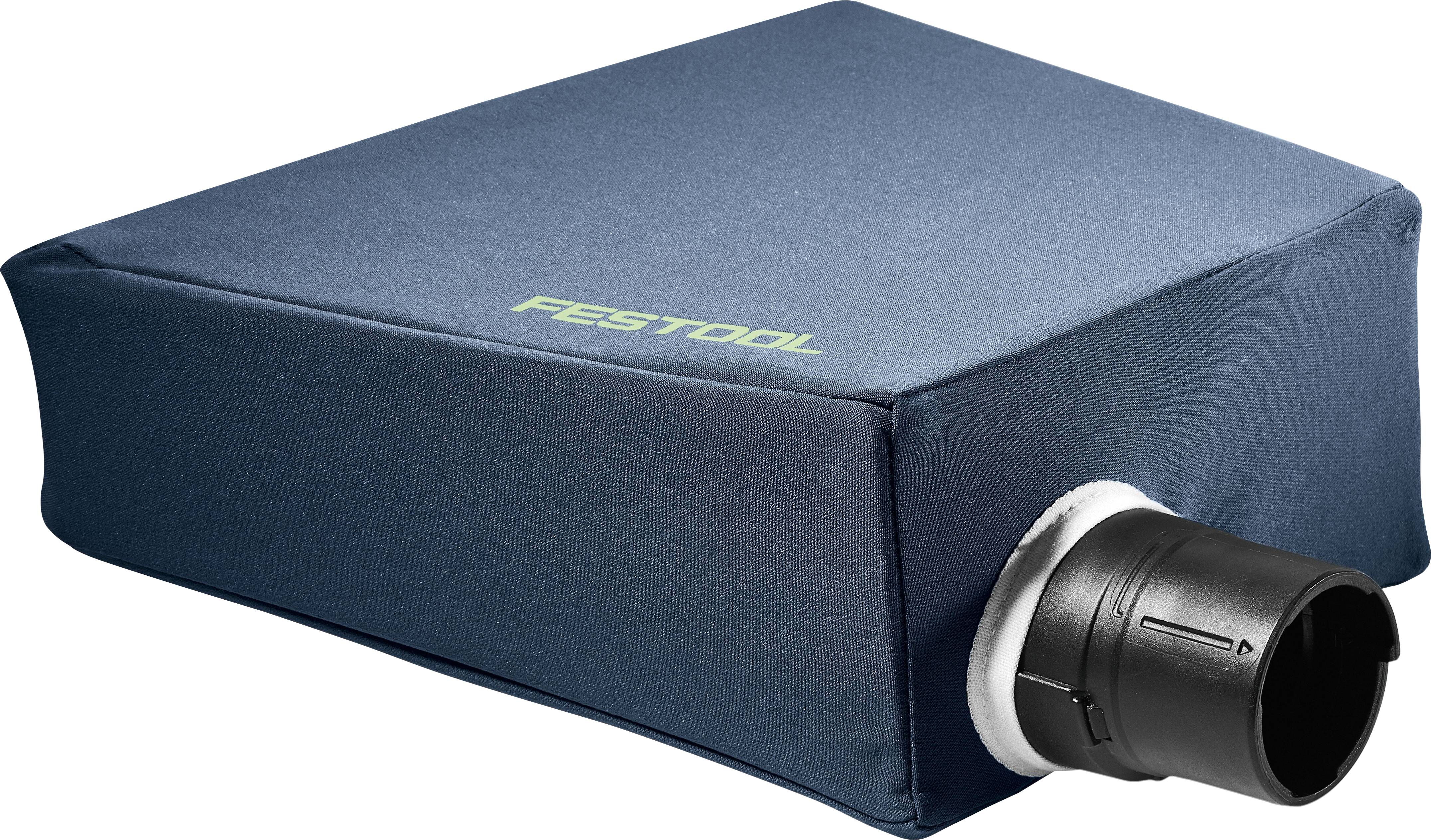 Ein blauer Staubsack der Marke Festool, der zur Erfassung feiner Staubpartikel konzipiert ist und an einem Ende eine schwarze Düsenanbringung aufweist.