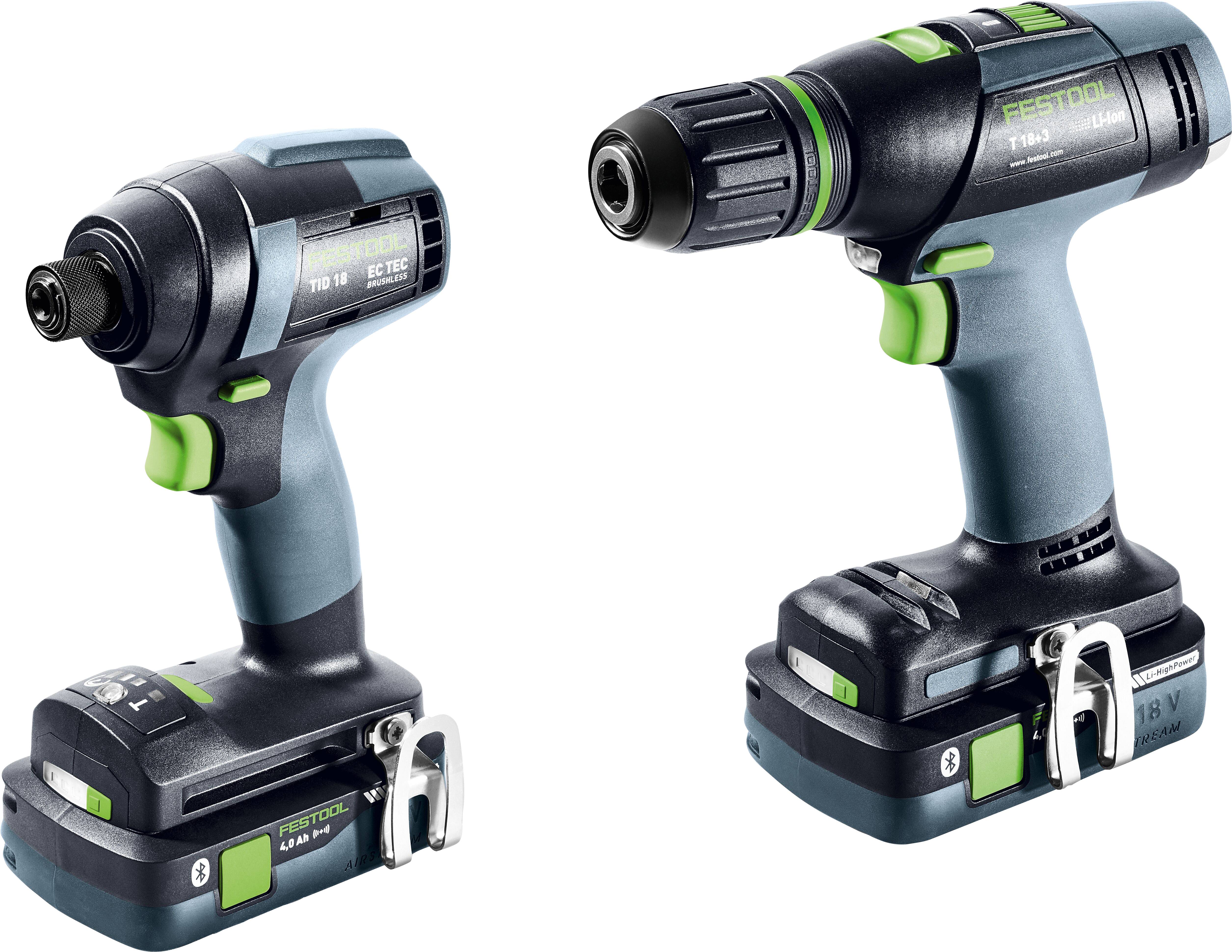 Zwei Festool Elektrobohrmaschinen mit grünen Akzenten, eine davon ein Schlagbohrer und die andere eine kabellose Bohrmaschine, jeweils auf weißem Hintergrund.